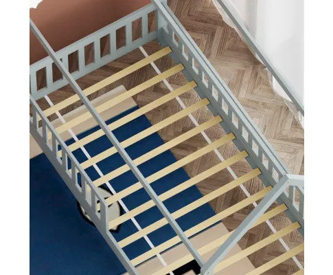 Bed Frame House Shape Pine Timber Base Single Size Platform Grey