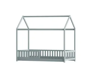 Bed Frame House Shape Pine Timber Base Single Size Platform Grey