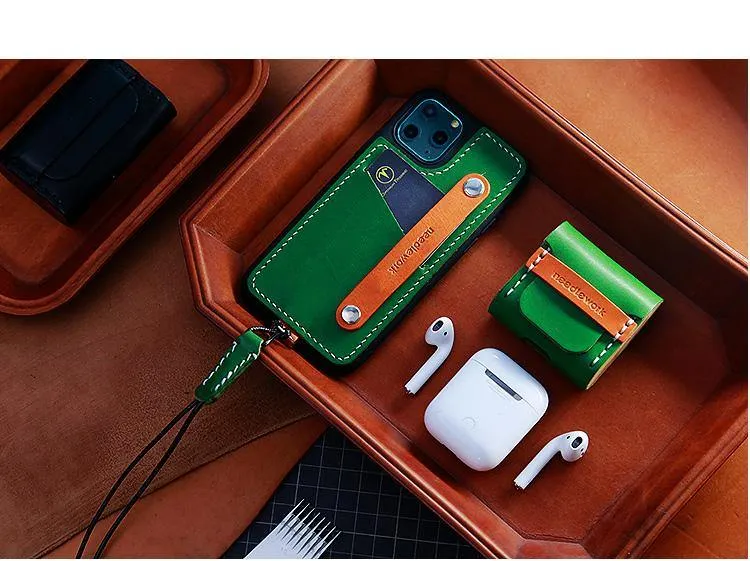Best Black Leather AirPods Pro Case with Wristlet Strap Custom Leather Wood AirPods Pro Case Airpod Case Cover