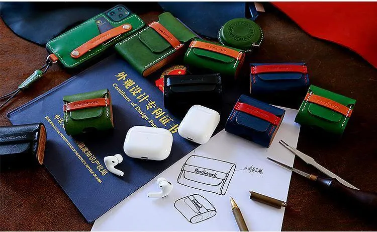 Best Black Leather AirPods Pro Case with Wristlet Strap Custom Leather Wood AirPods Pro Case Airpod Case Cover