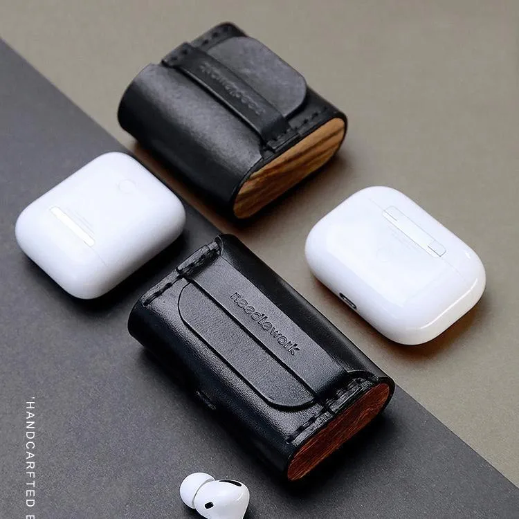 Best Black Leather AirPods Pro Case with Wristlet Strap Custom Leather Wood AirPods Pro Case Airpod Case Cover