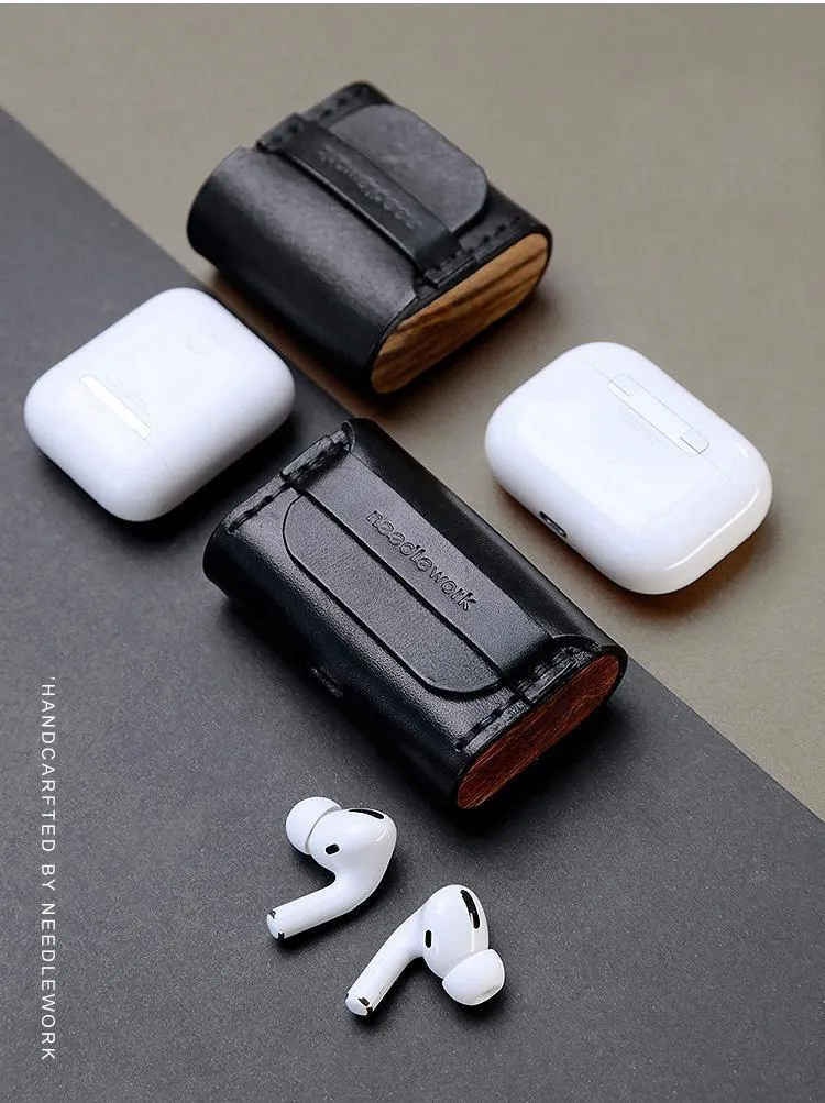Best Black Leather AirPods Pro Case with Wristlet Strap Custom Leather Wood AirPods Pro Case Airpod Case Cover