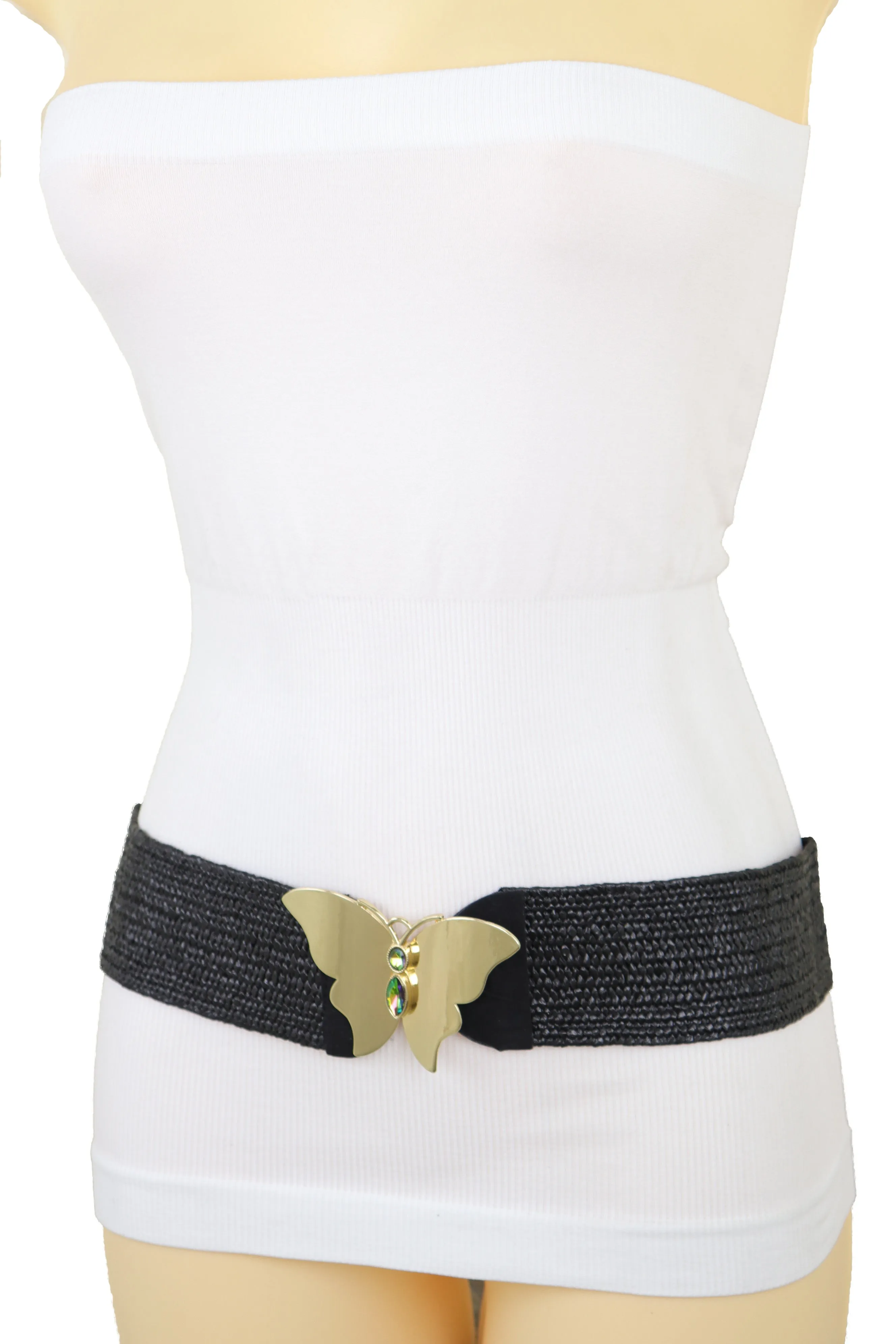 Black Stretch Band High Waist Hip Belt Gold Metal Butterfly Buckle Fit S M