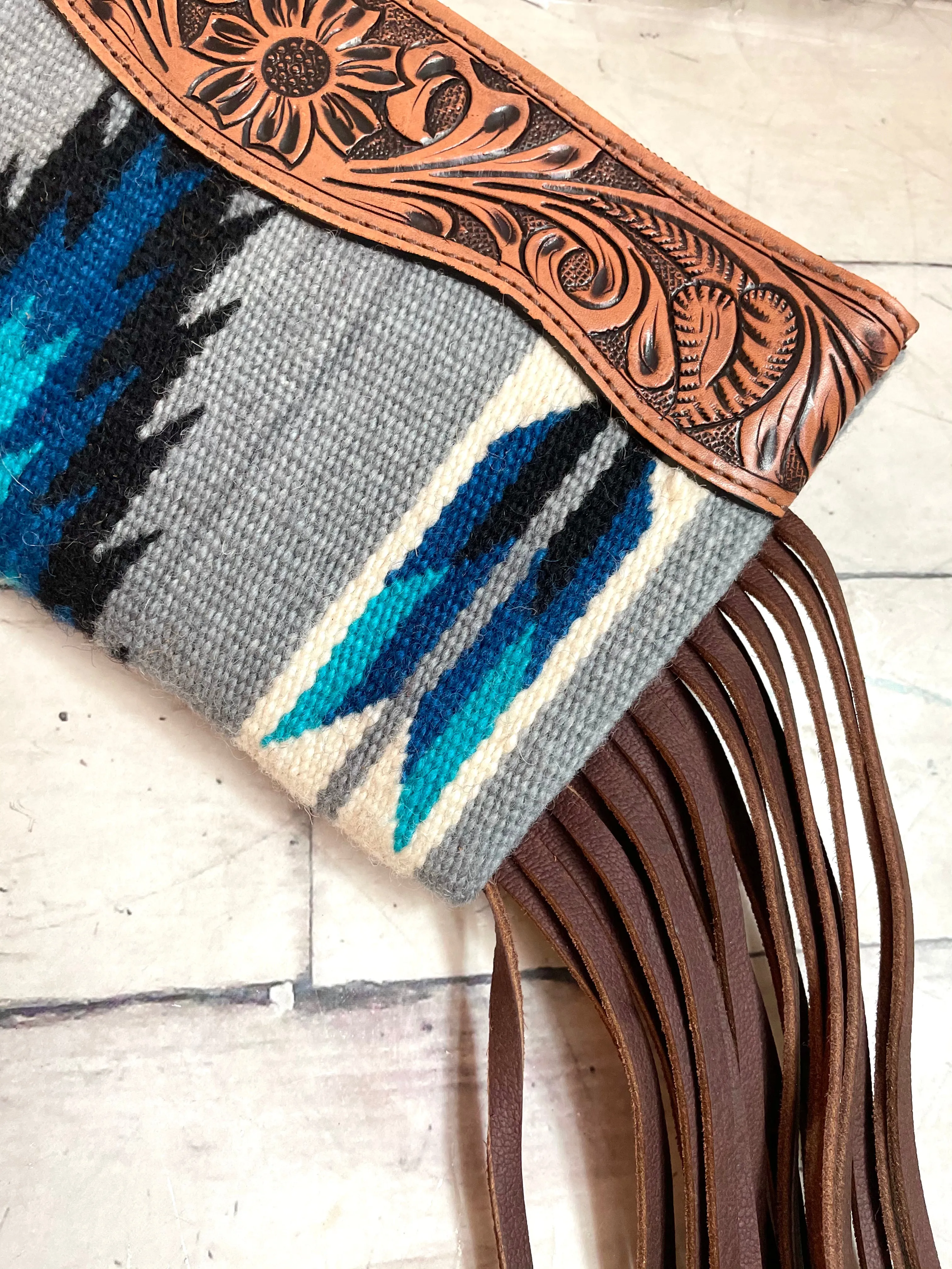 Blue Diamond Wool Leather Tooled Wristlet