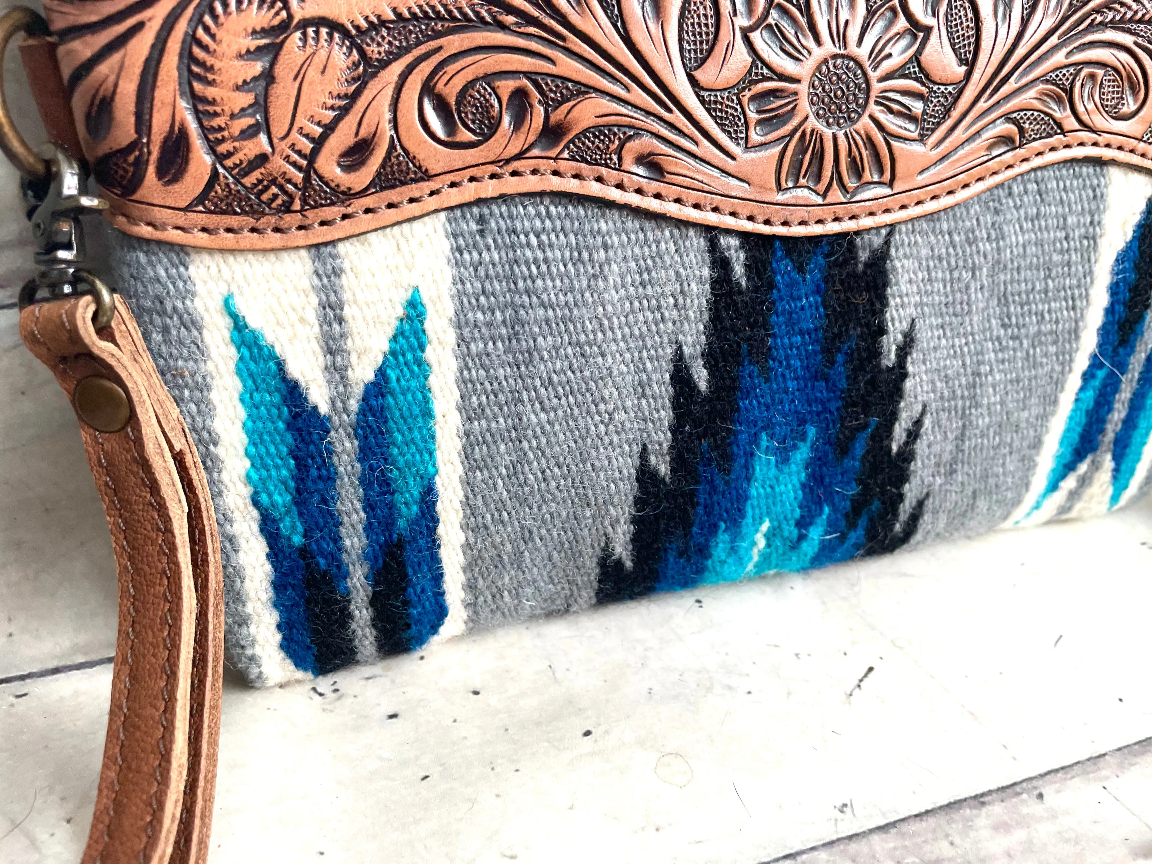 Blue Diamond Wool Leather Tooled Wristlet