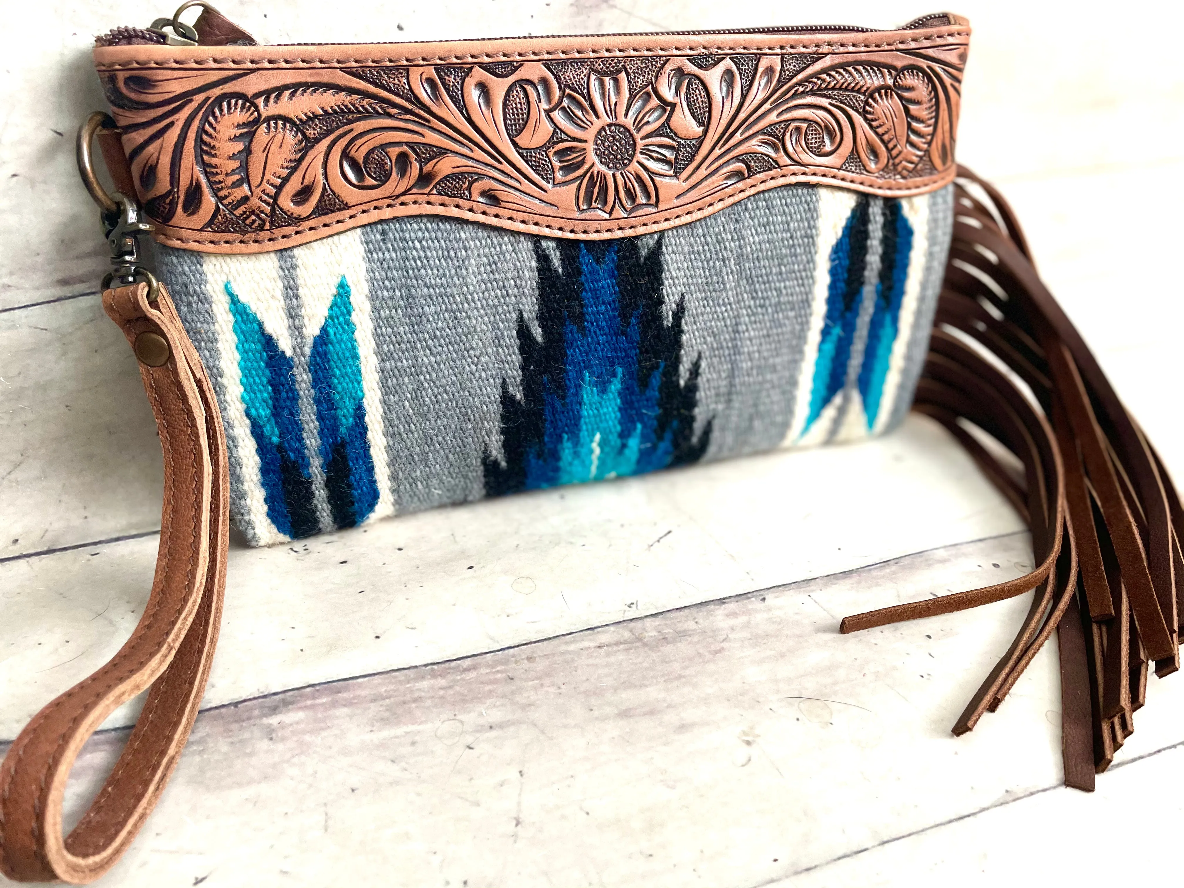 Blue Diamond Wool Leather Tooled Wristlet