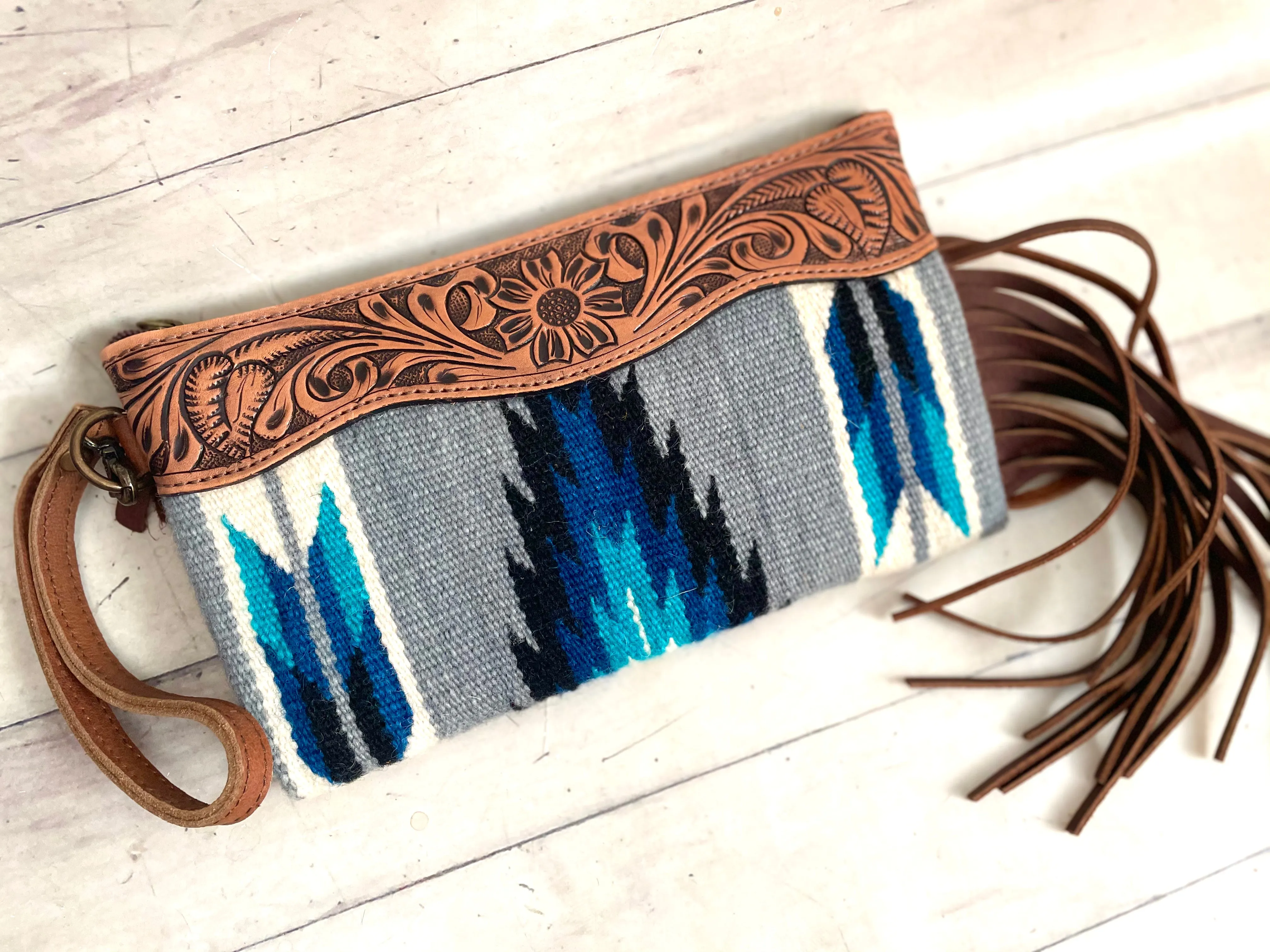 Blue Diamond Wool Leather Tooled Wristlet