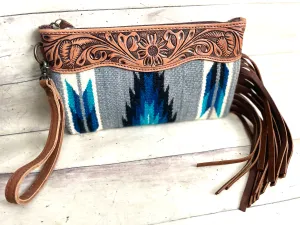 Blue Diamond Wool Leather Tooled Wristlet
