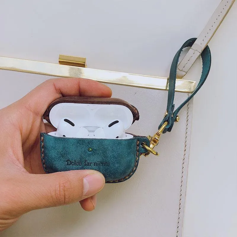Blue Leather AirPods Pro Case with Wristlet Strap Contrast Color Leather AirPods Case Airpod Case Cover