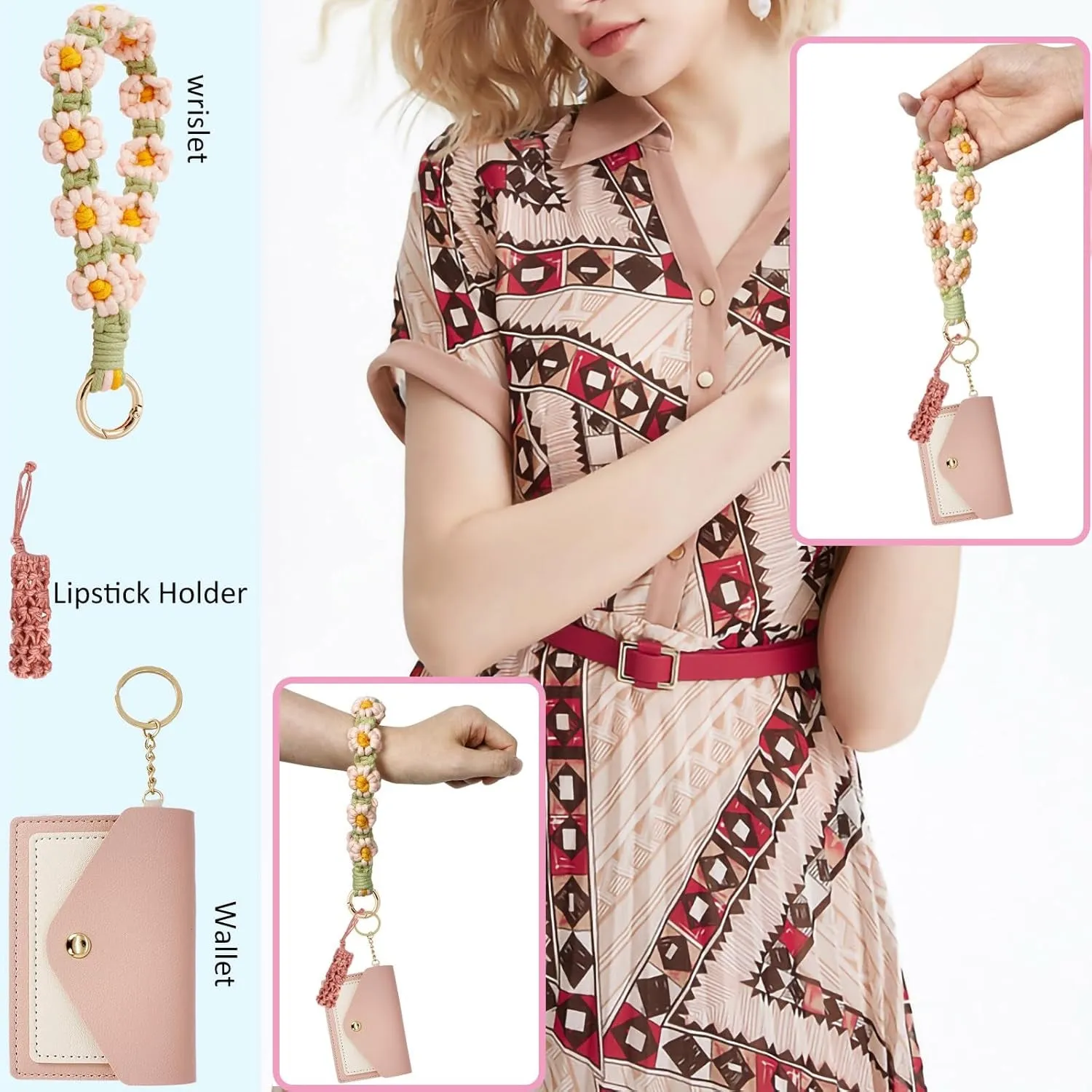 Boho Wristlet Keychain Wallet with Lipstick Holder & Wristband