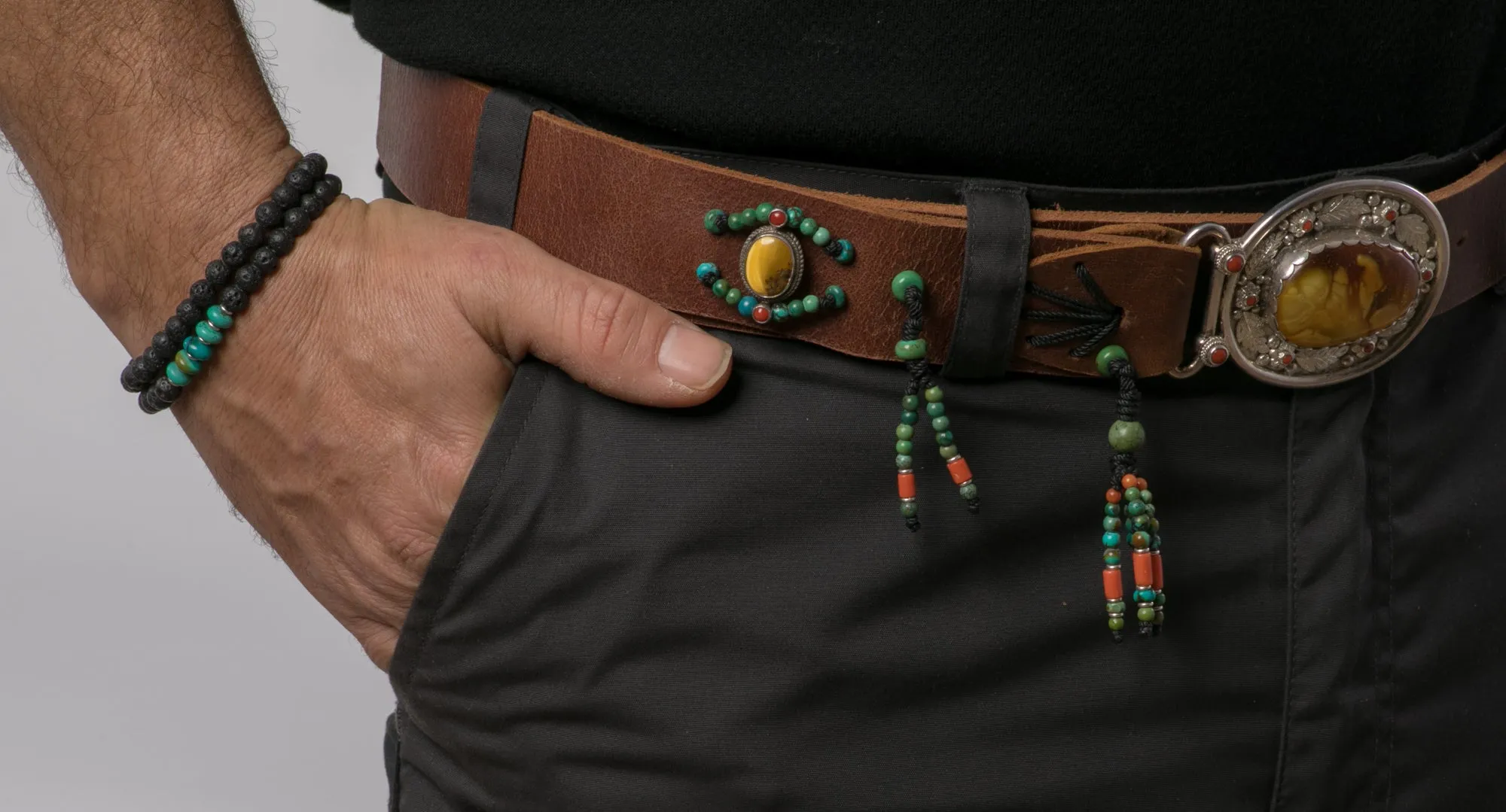 Brown leather belt with Amber stone buckle