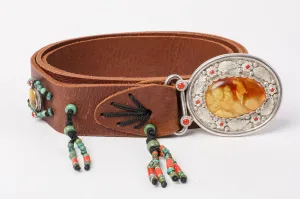 Brown leather belt with Amber stone buckle