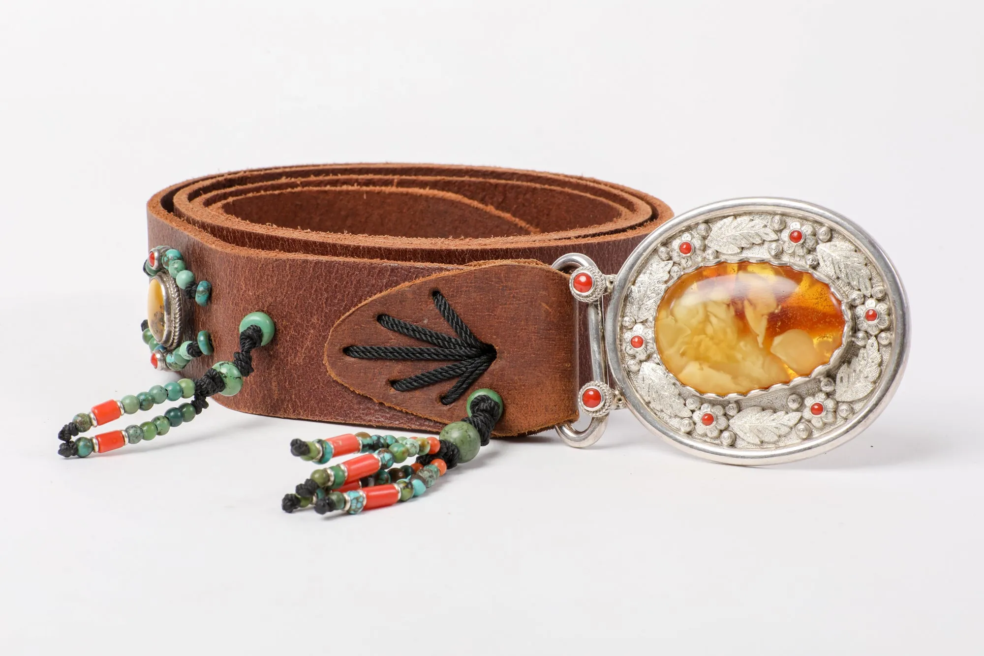 Brown leather belt with Amber stone buckle