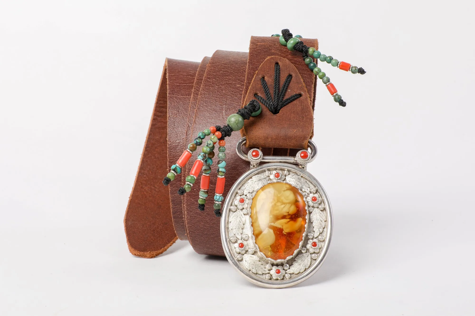 Brown leather belt with Amber stone buckle