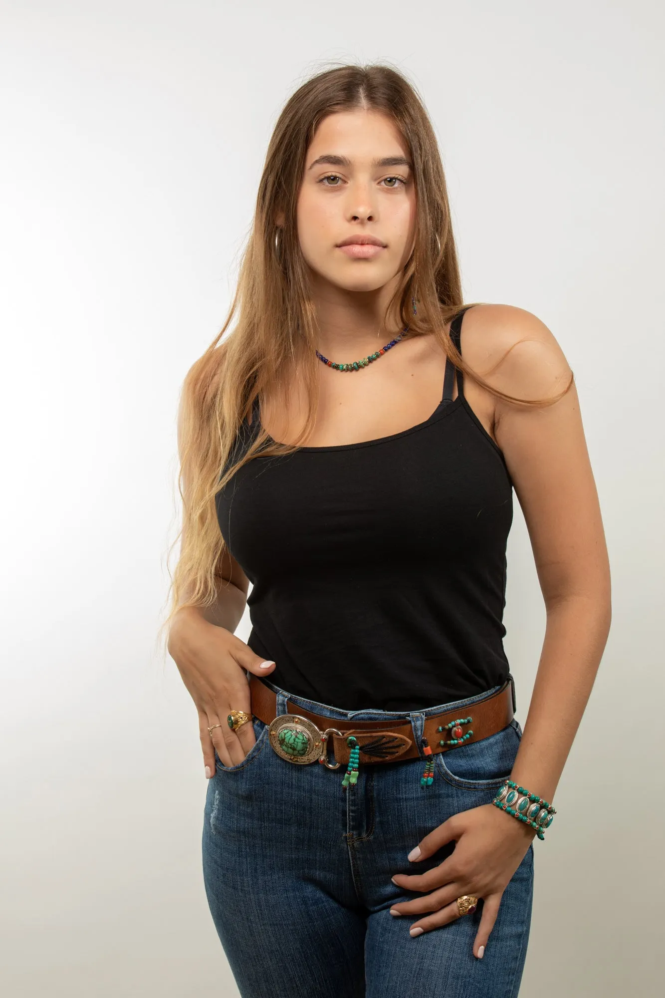 Brown leather belt  with Tibetean Turqouise buckle
