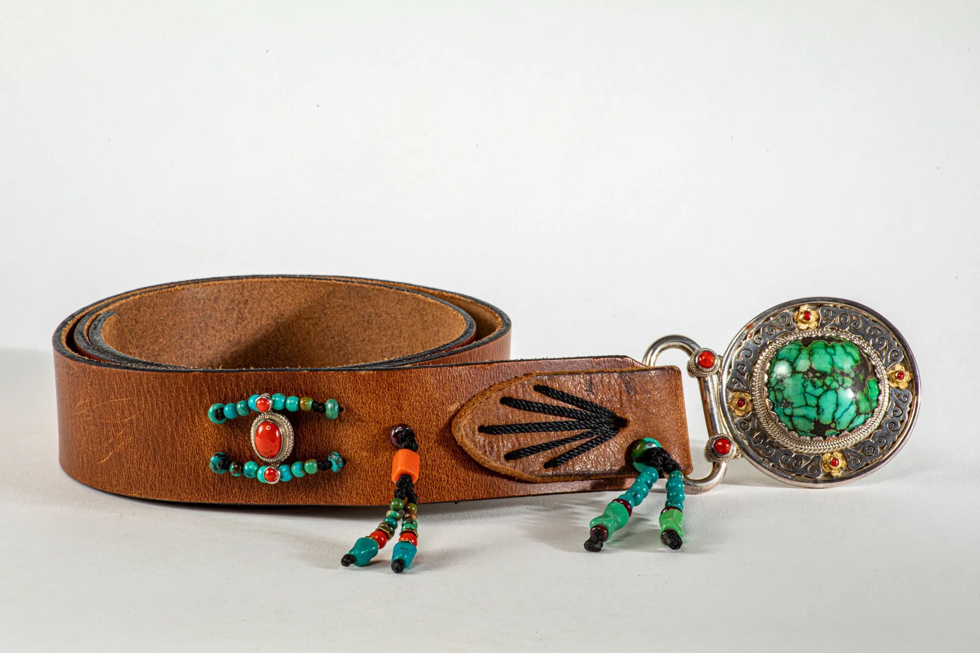 Brown leather belt  with Tibetean Turqouise buckle