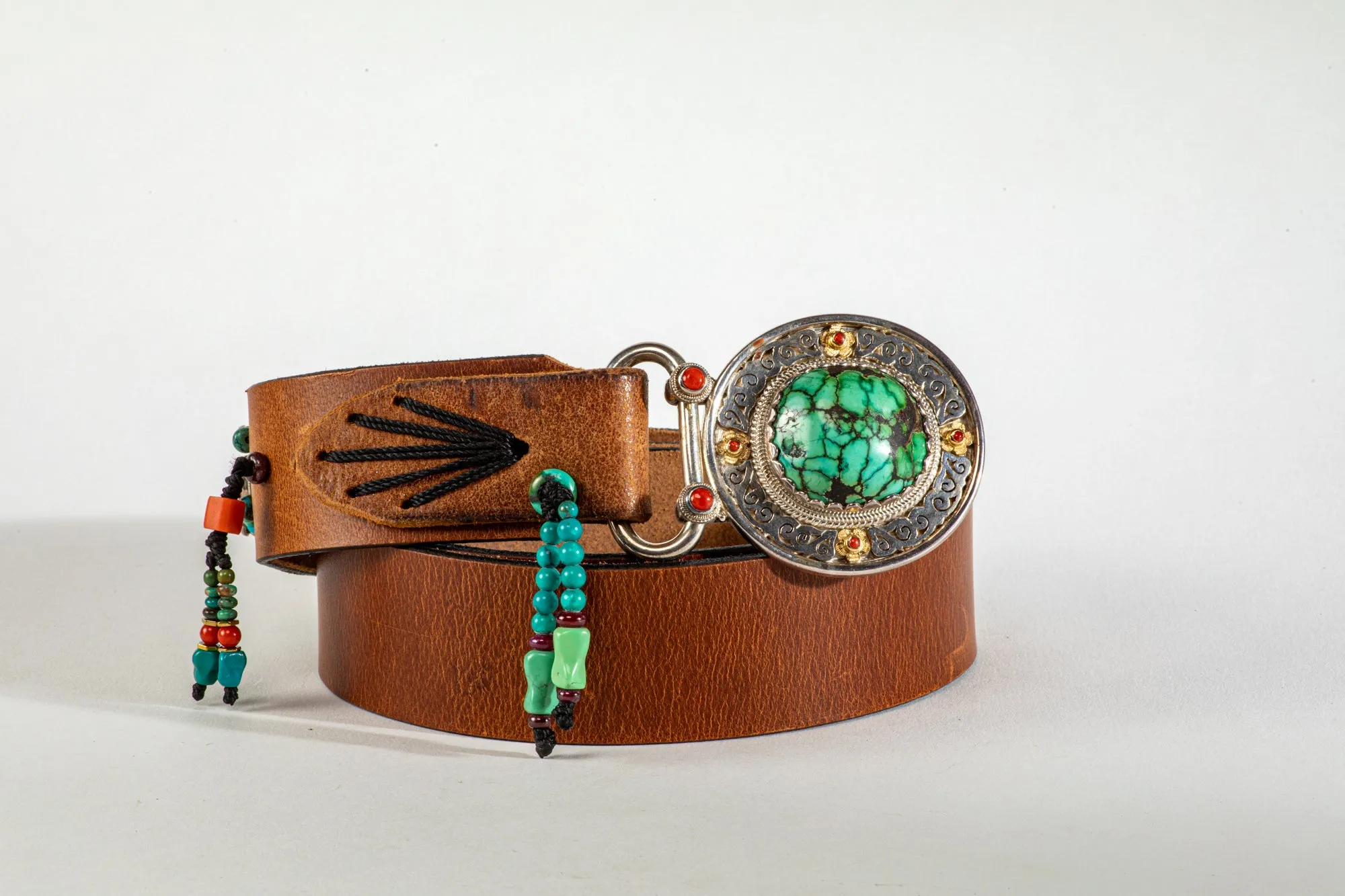 Brown leather belt  with Tibetean Turqouise buckle
