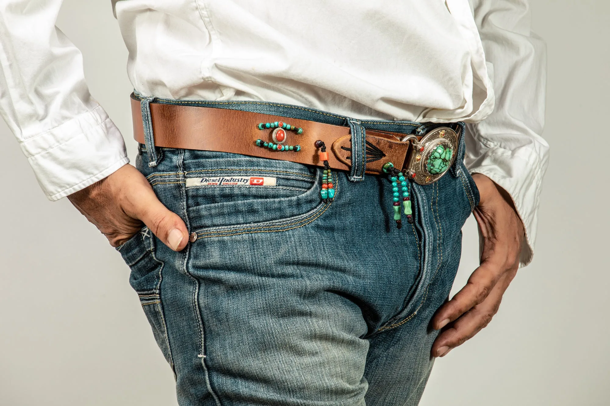 Brown leather belt  with Tibetean Turqouise buckle