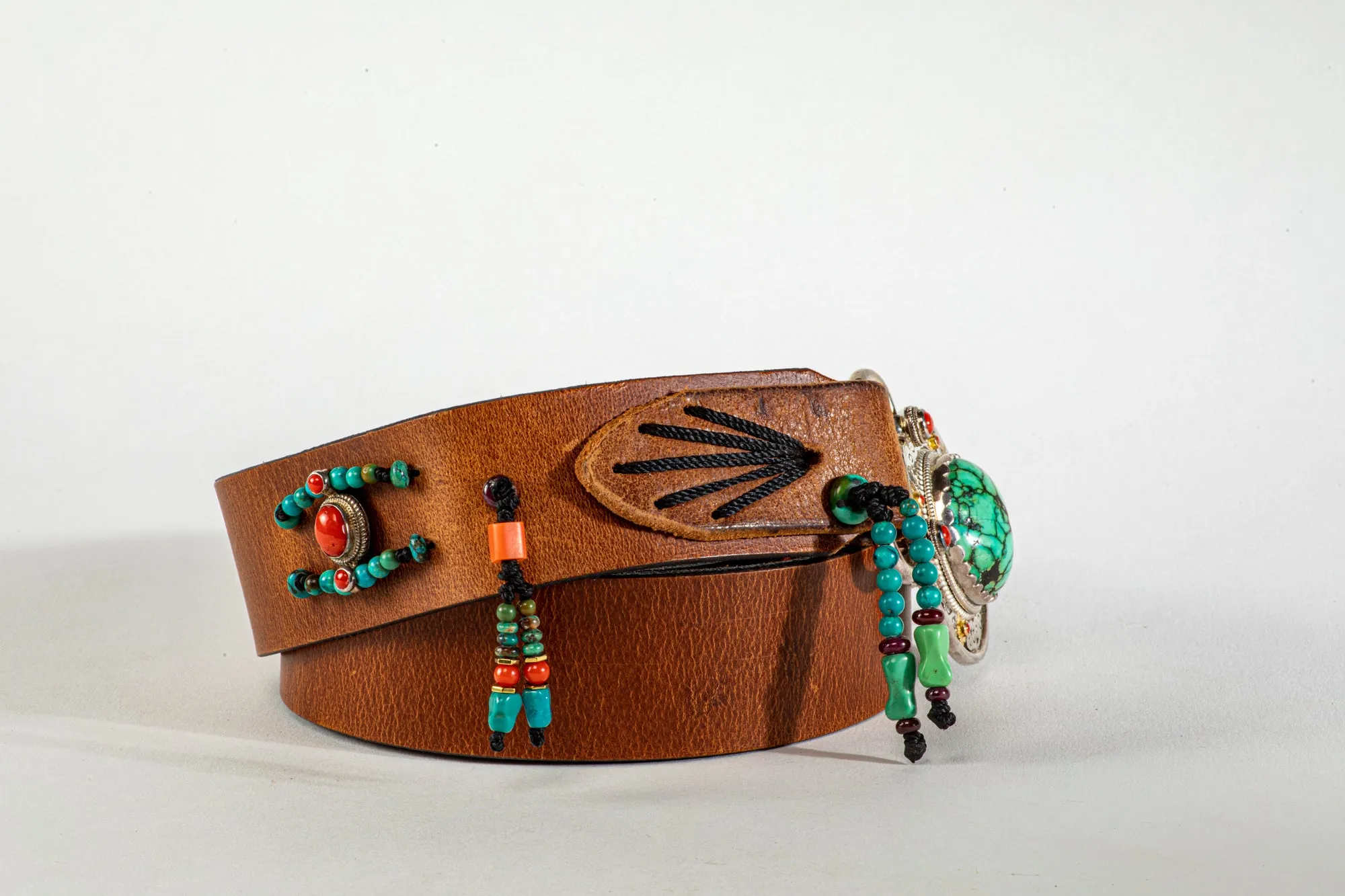 Brown leather belt  with Tibetean Turqouise buckle