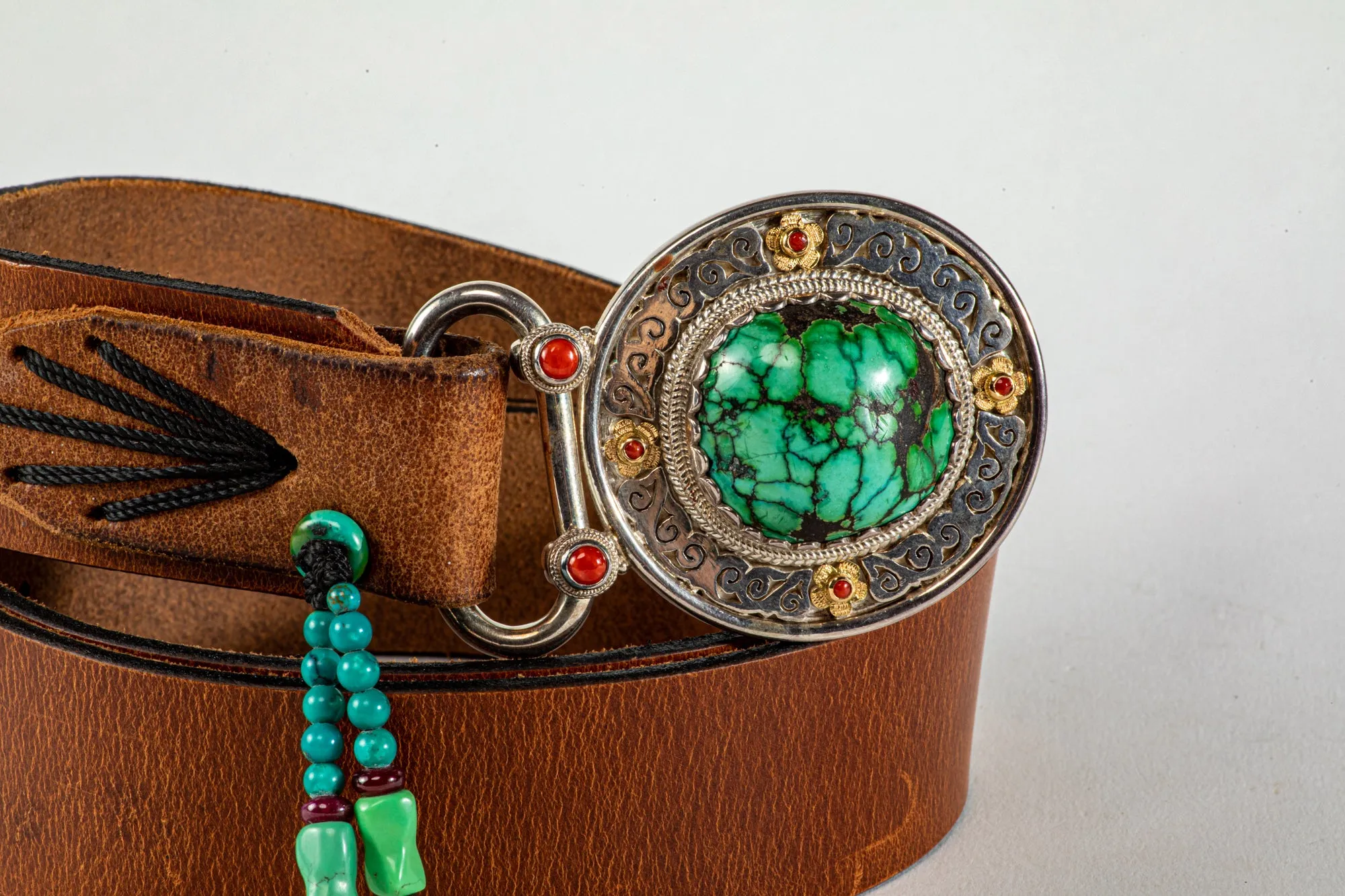Brown leather belt  with Tibetean Turqouise buckle