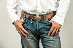 Brown leather belt  with Tibetean Turqouise buckle