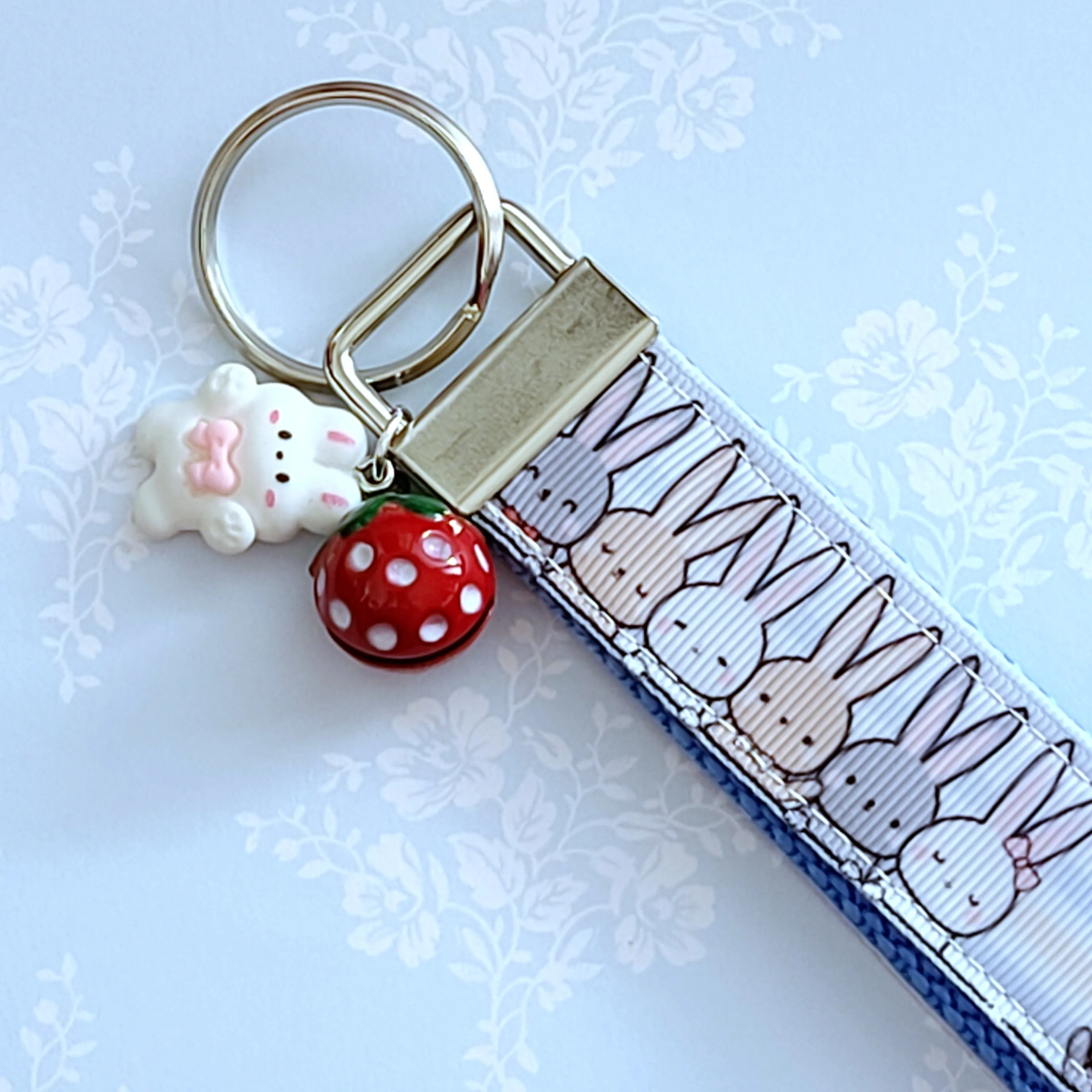 Bunnies Saying Hi! Key Chain Fob with Your Choice of Rose Gold, Yellow Gold or Silver Hardware