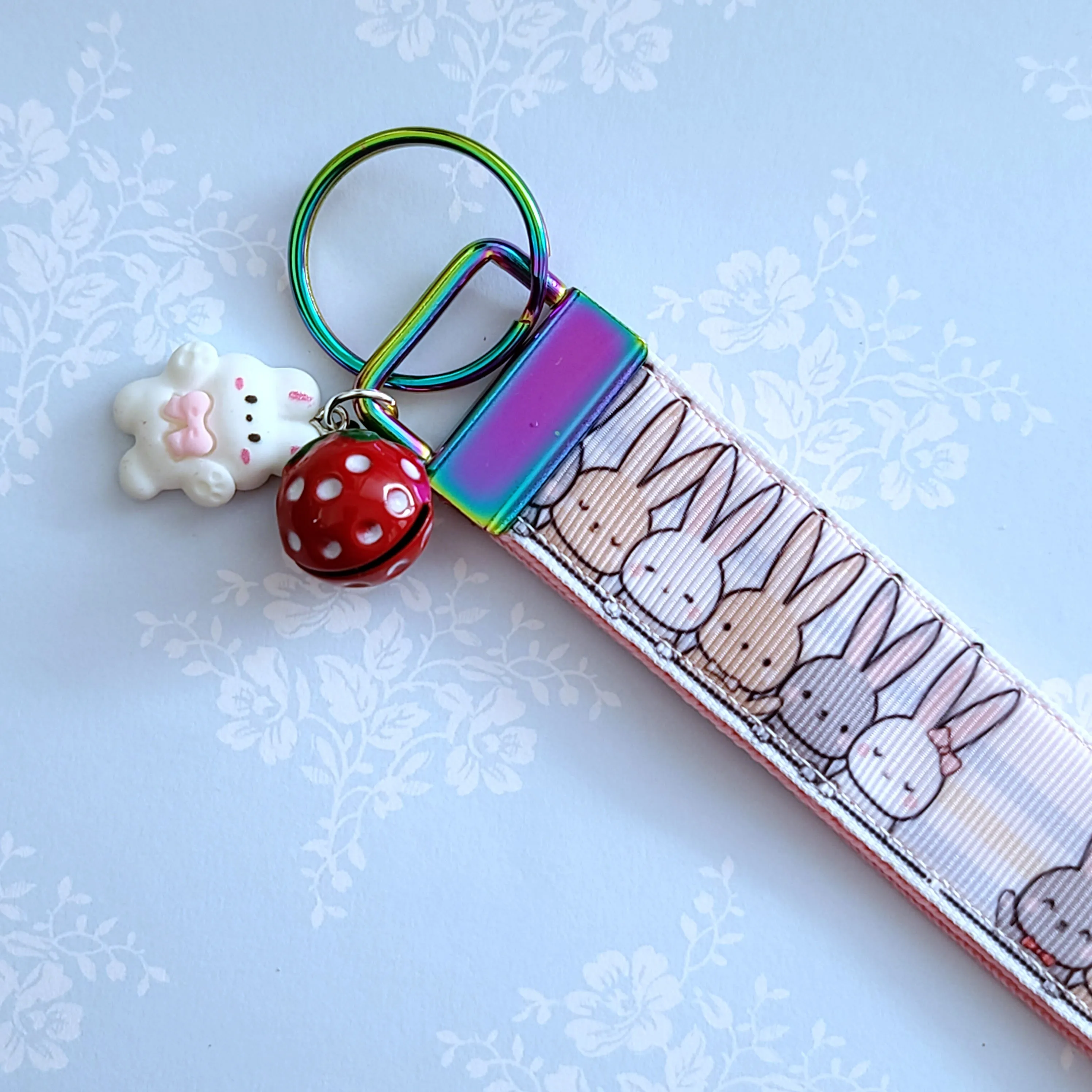 Bunnies Saying Hi! Key Chain Fob with Your Choice of Rose Gold, Yellow Gold or Silver Hardware