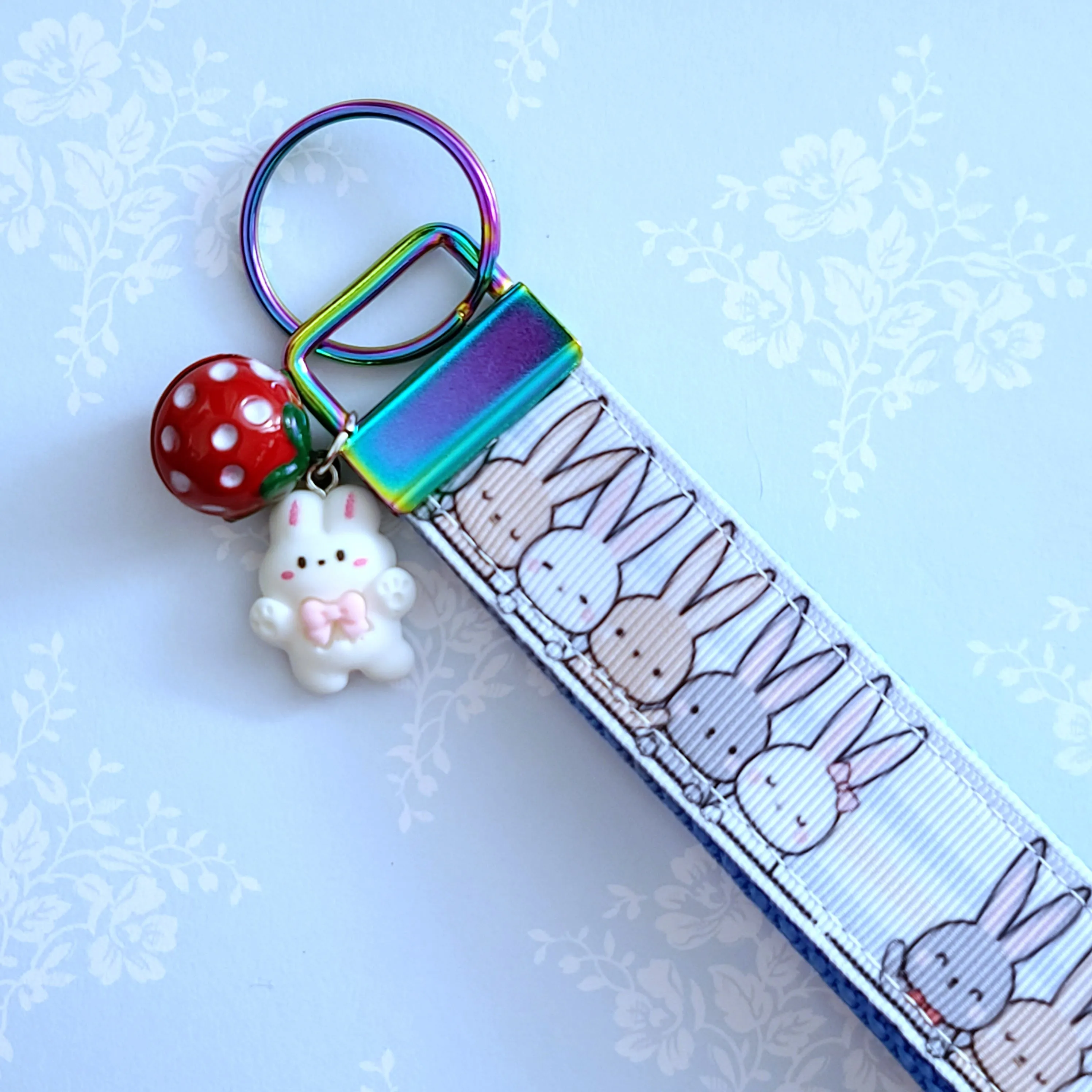 Bunnies Saying Hi! Key Chain Fob with Your Choice of Rose Gold, Yellow Gold or Silver Hardware