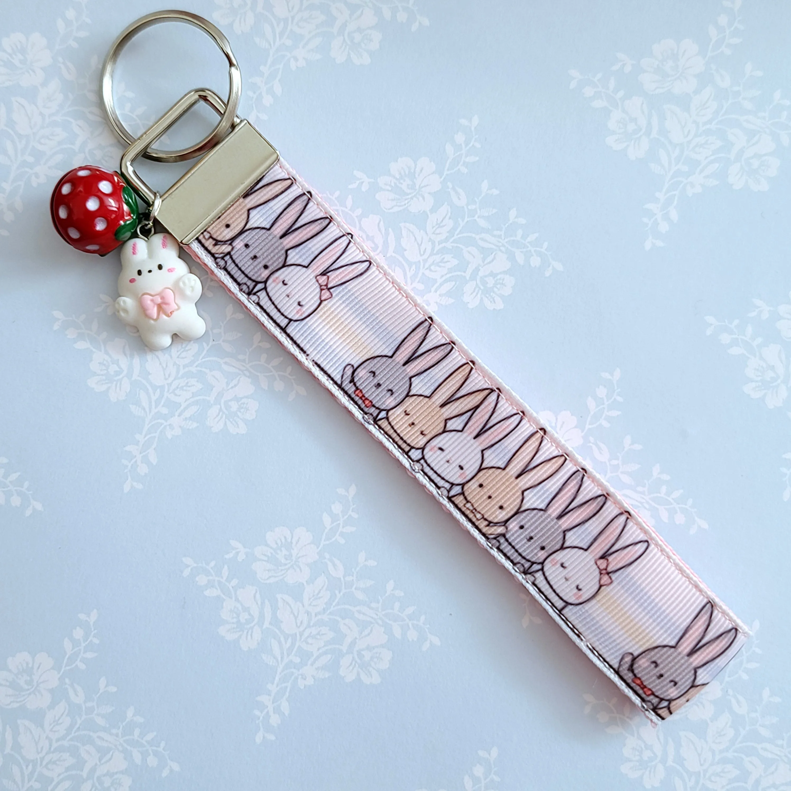Bunnies Saying Hi! Key Chain Fob with Your Choice of Rose Gold, Yellow Gold or Silver Hardware