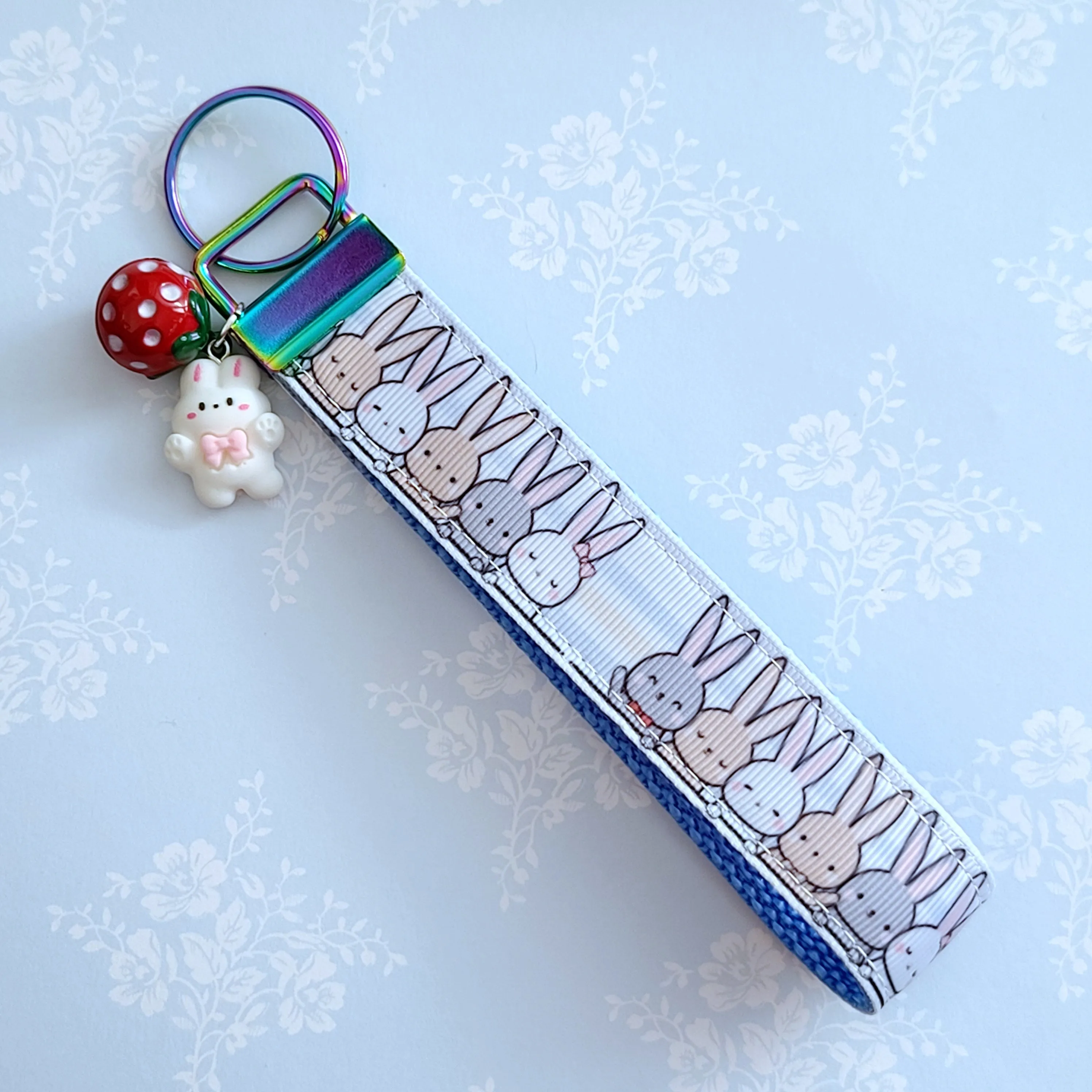 Bunnies Saying Hi! Key Chain Fob with Your Choice of Rose Gold, Yellow Gold or Silver Hardware