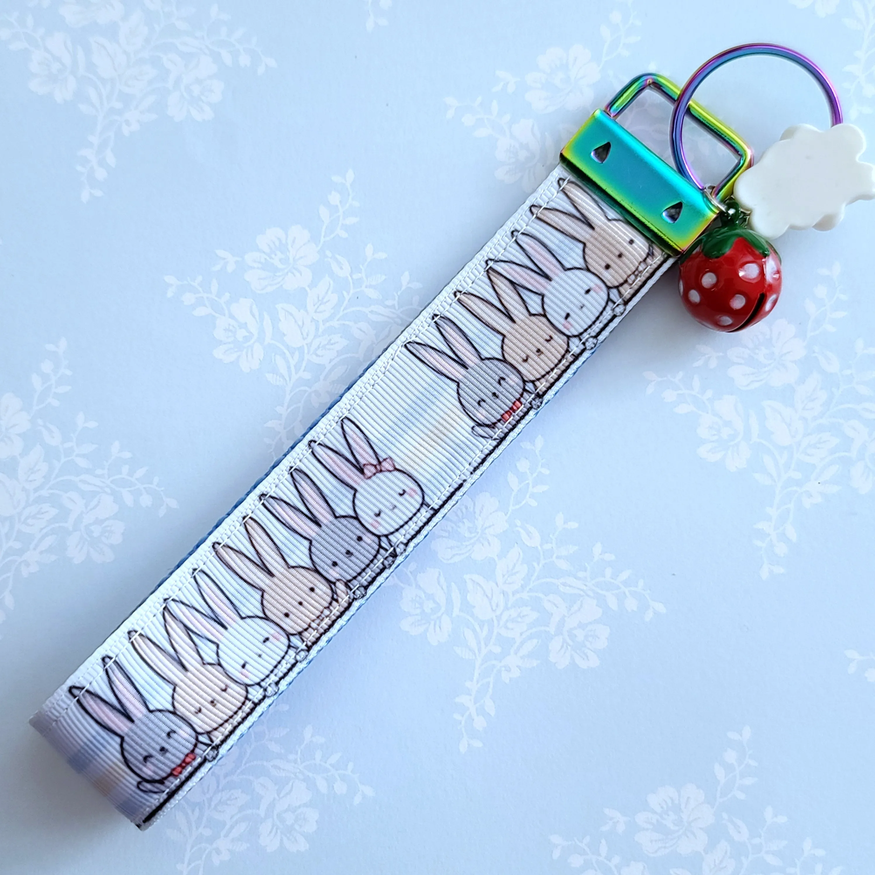Bunnies Saying Hi! Key Chain Fob with Your Choice of Rose Gold, Yellow Gold or Silver Hardware