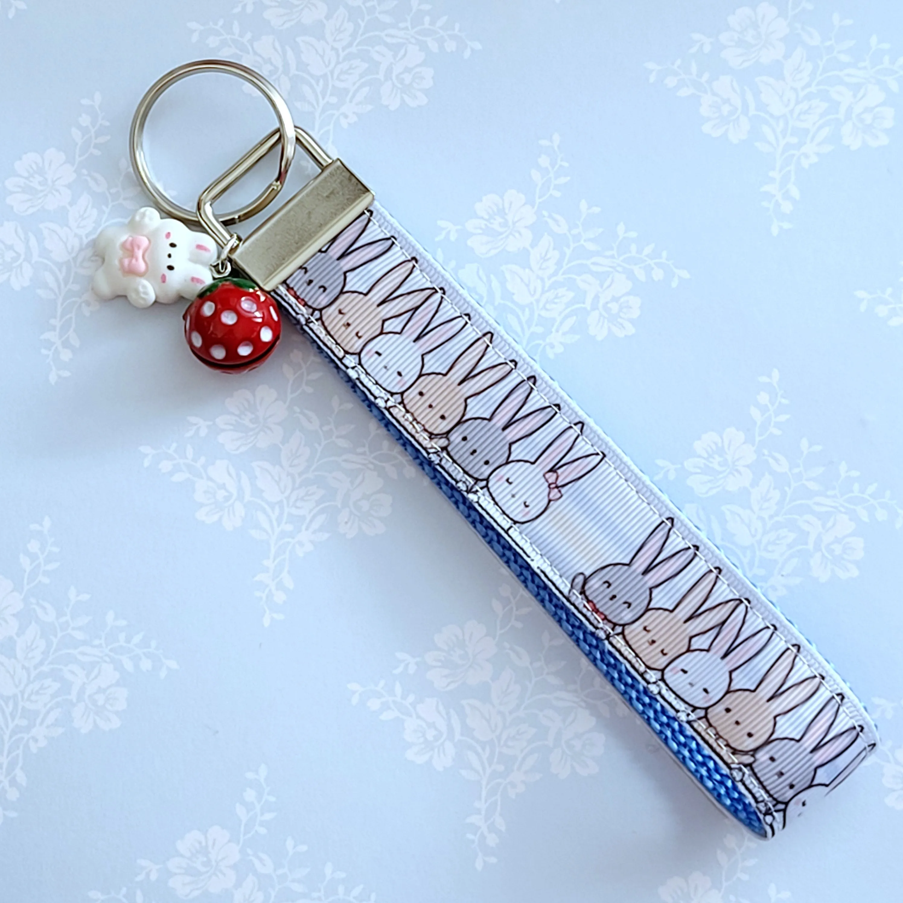 Bunnies Saying Hi! Key Chain Fob with Your Choice of Rose Gold, Yellow Gold or Silver Hardware