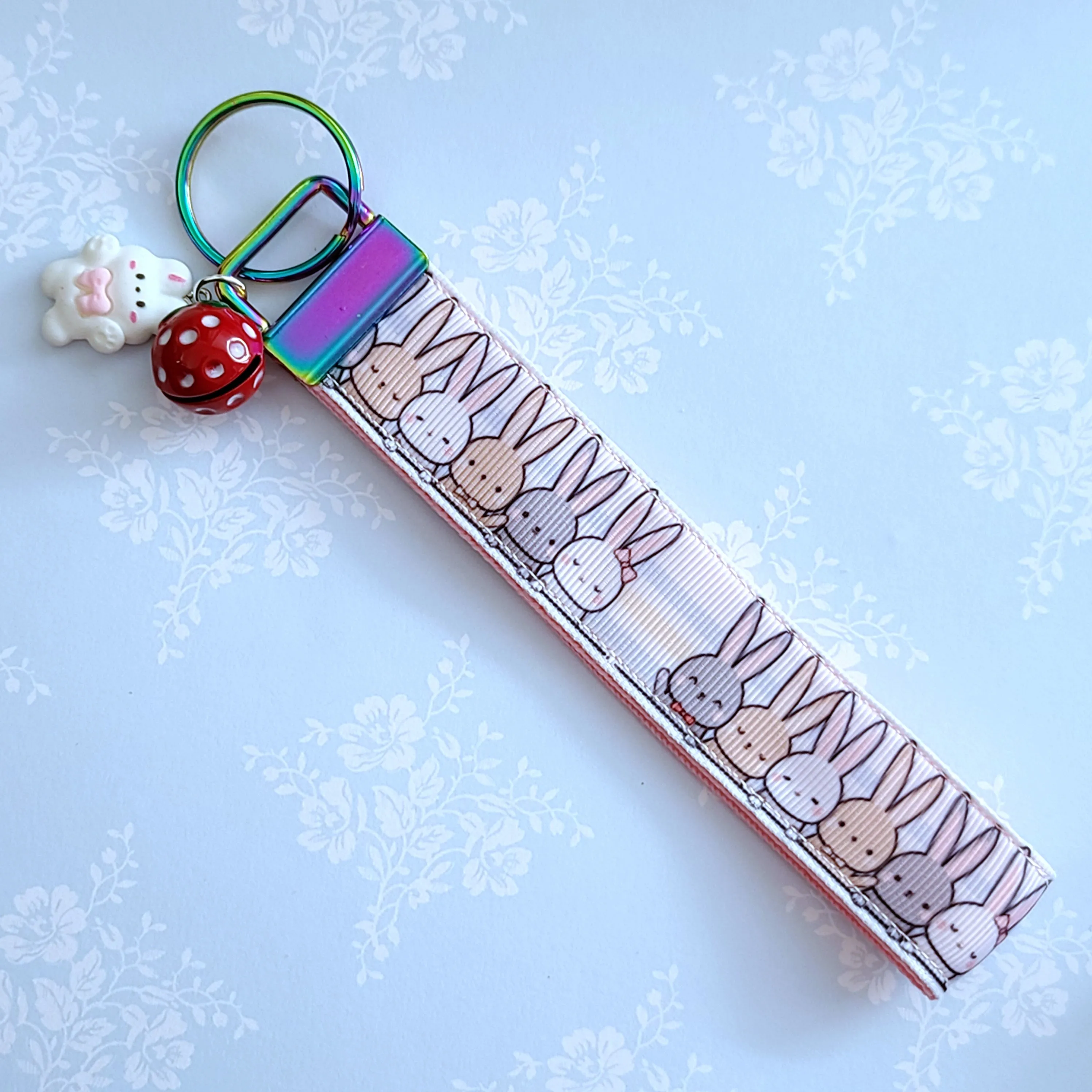 Bunnies Saying Hi! Key Chain Fob with Your Choice of Rose Gold, Yellow Gold or Silver Hardware