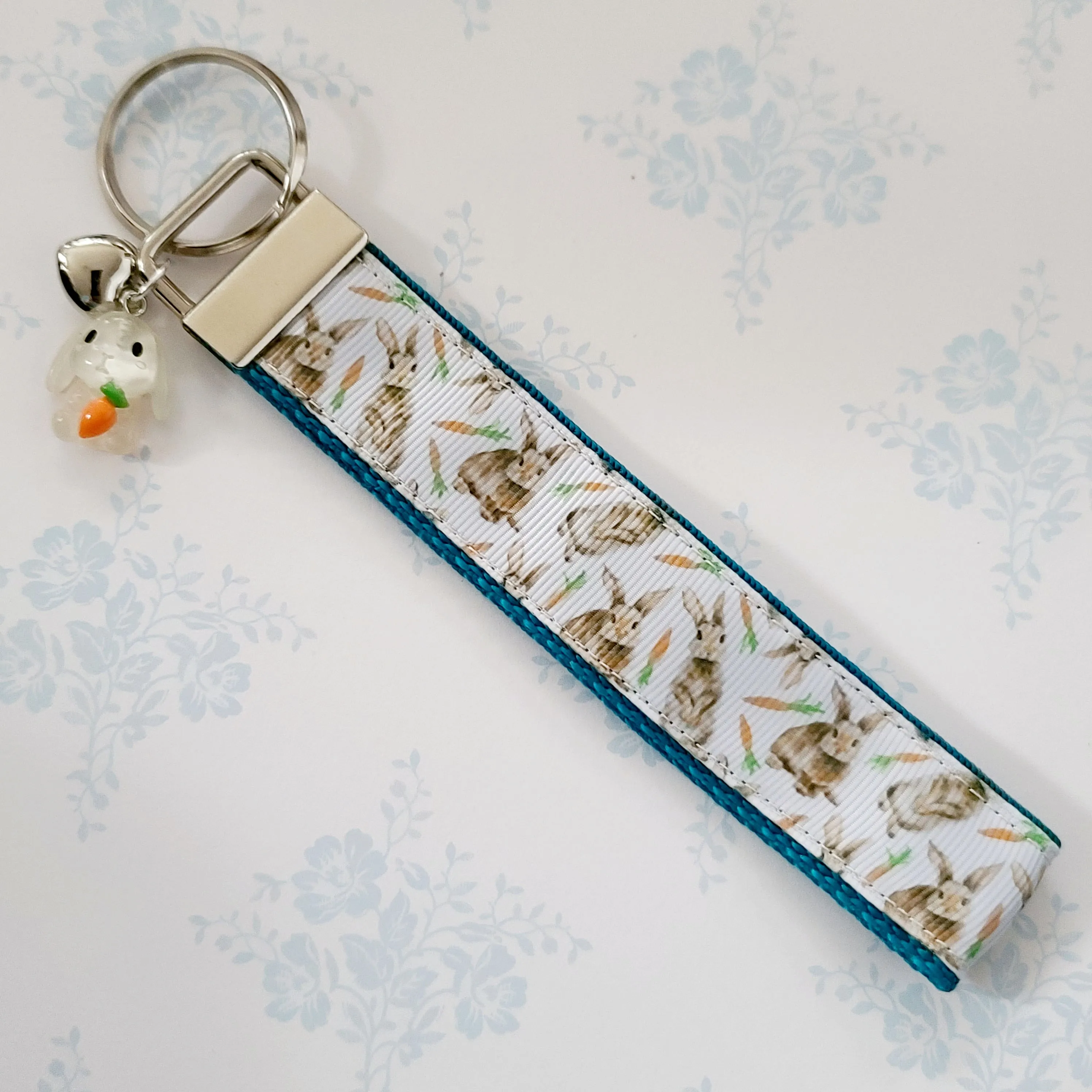 Bunnies with Carrots on White Key Fob Wristlet on Silver or Rainbow