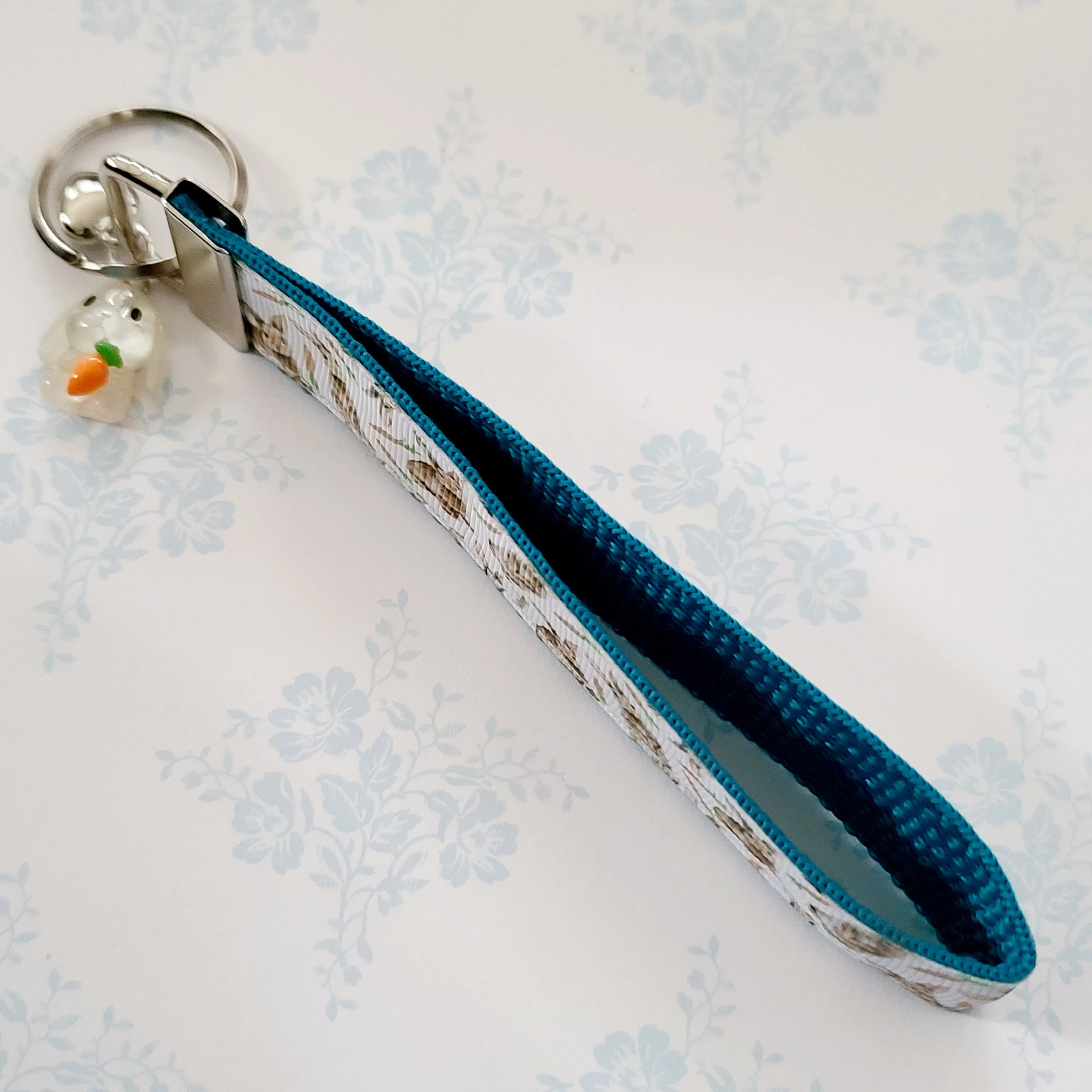 Bunnies with Carrots on White Key Fob Wristlet on Silver or Rainbow