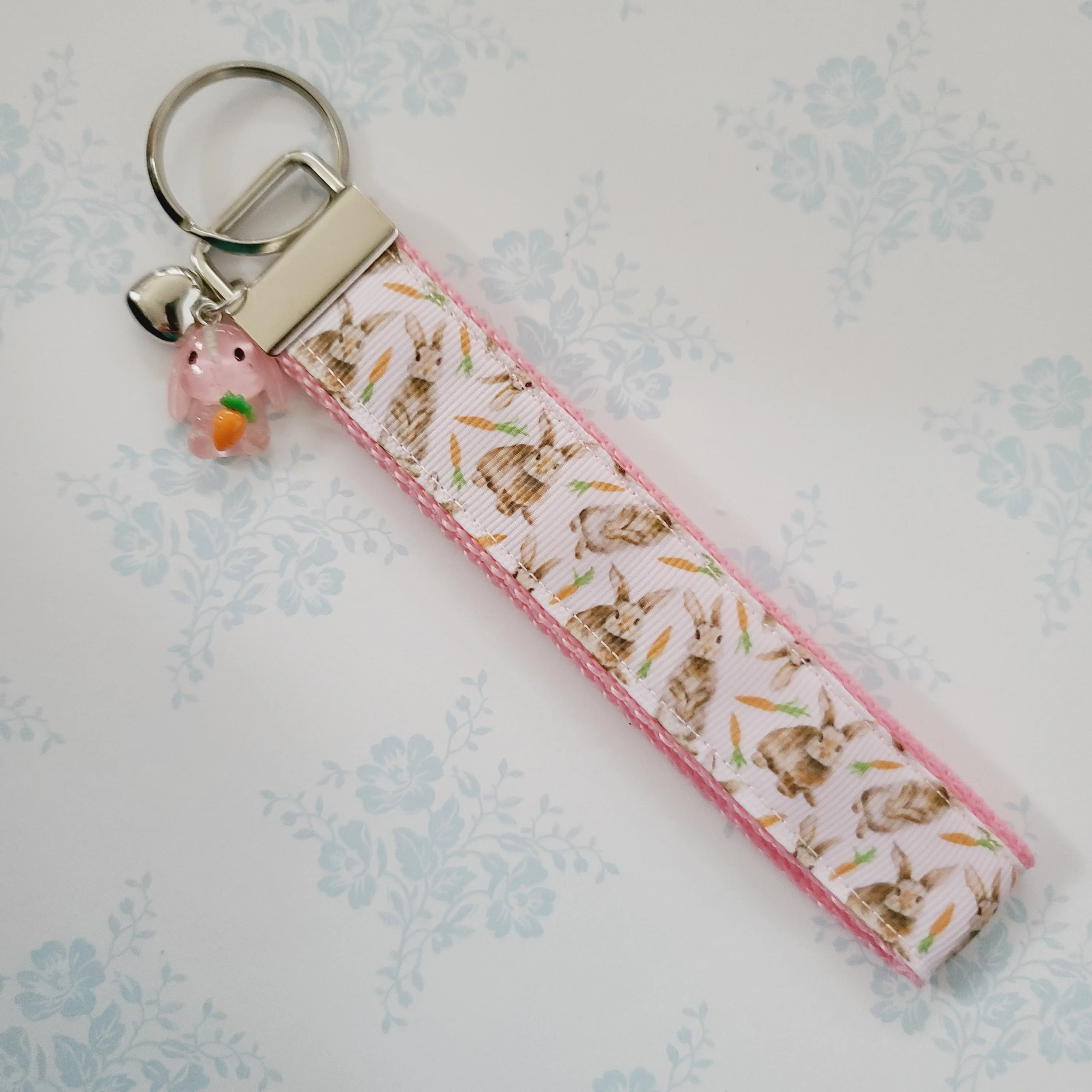 Bunnies with Carrots on White Key Fob Wristlet on Silver or Rainbow