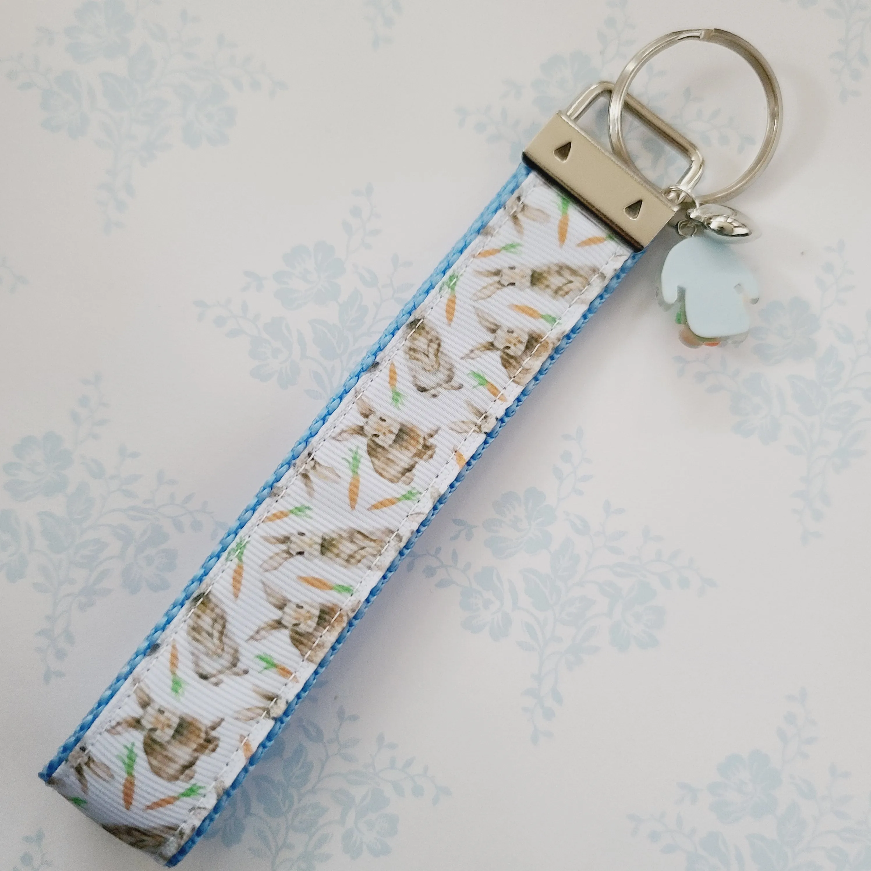 Bunnies with Carrots on White Key Fob Wristlet on Silver or Rainbow