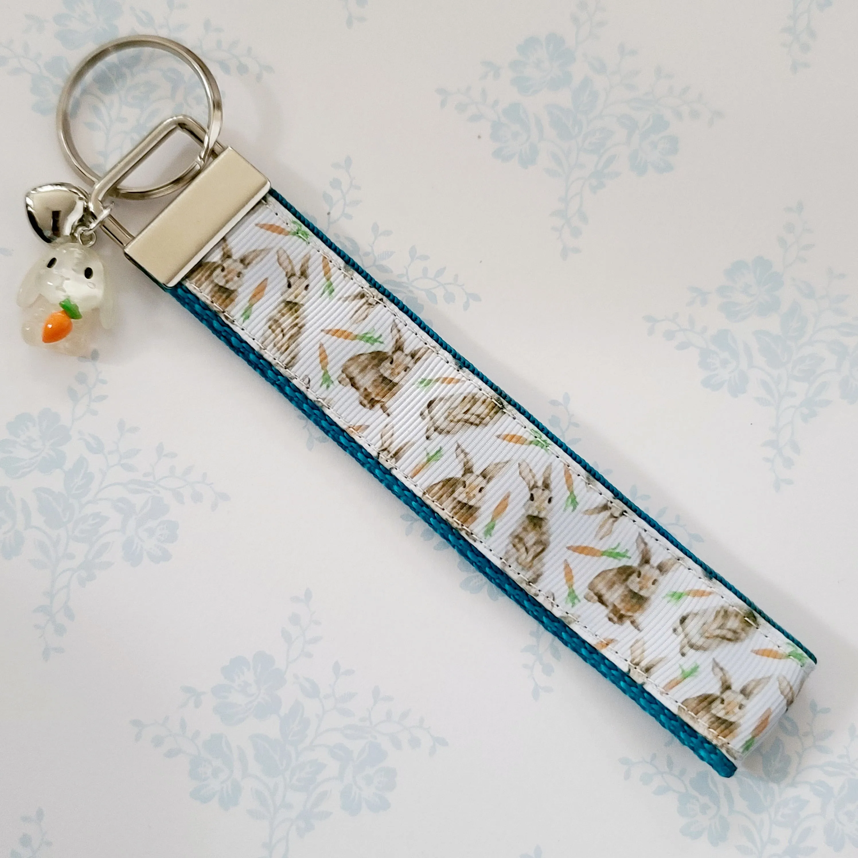 Bunnies with Carrots on White Key Fob Wristlet on Silver or Rainbow