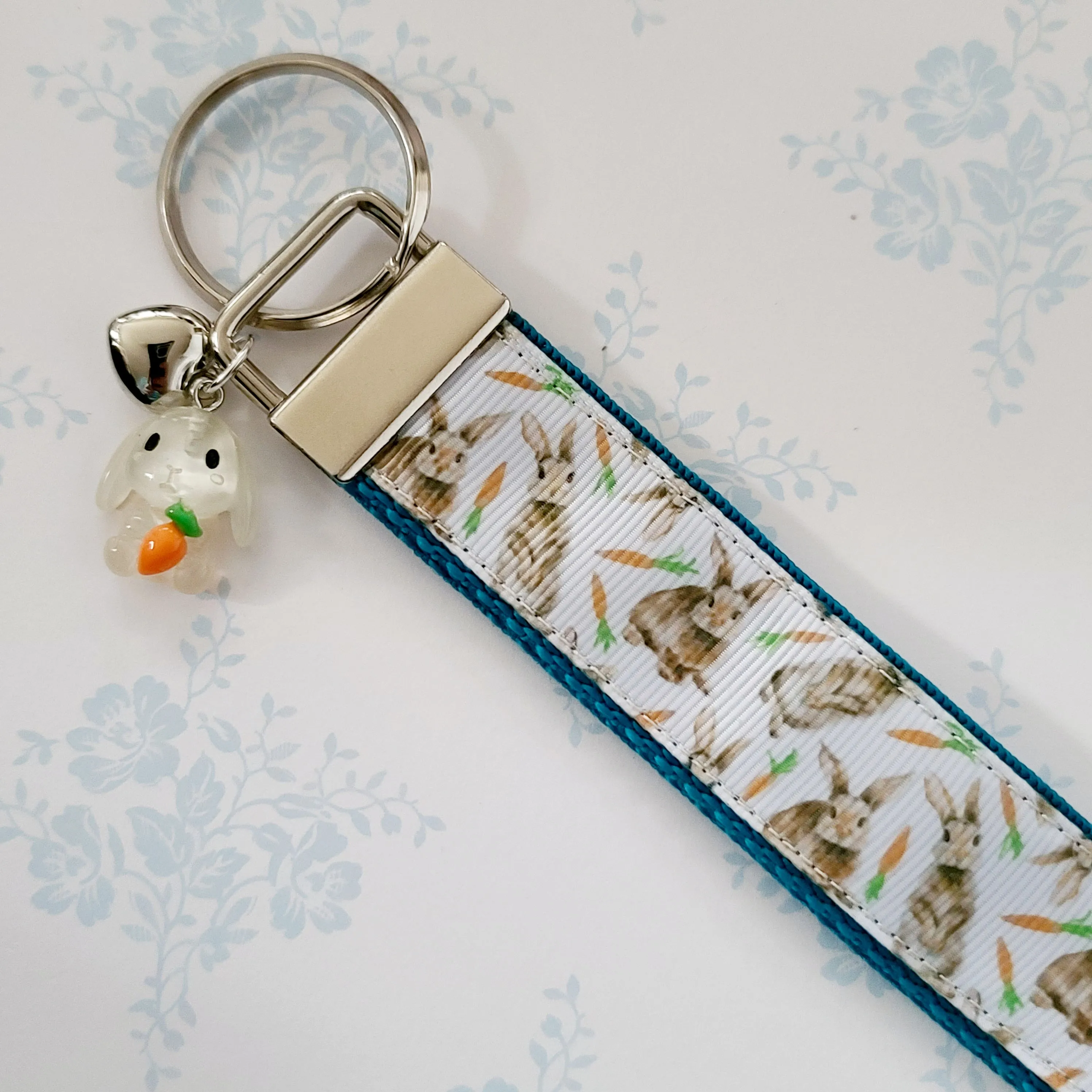 Bunnies with Carrots on White Key Fob Wristlet on Silver or Rainbow