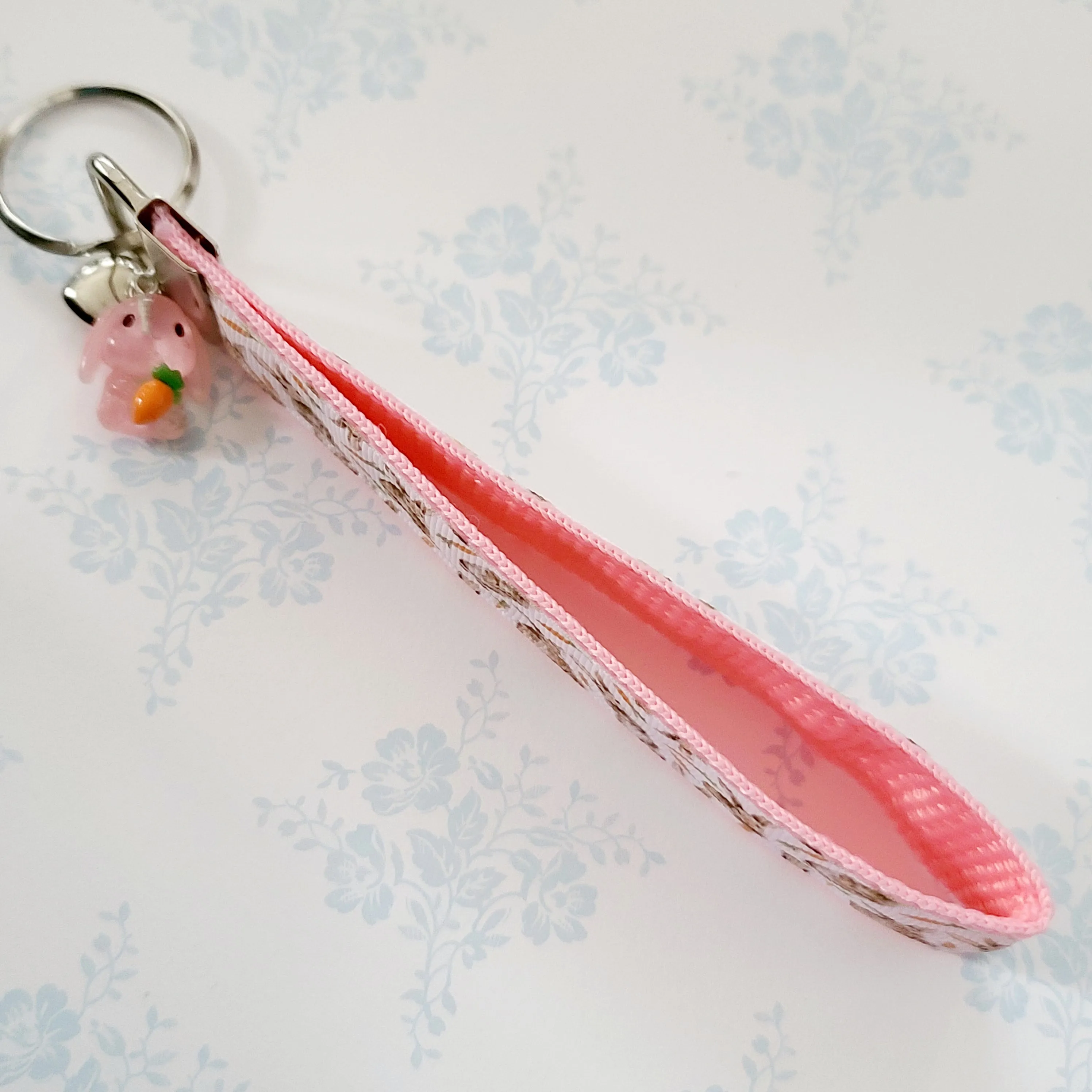 Bunnies with Carrots on White Key Fob Wristlet on Silver or Rainbow
