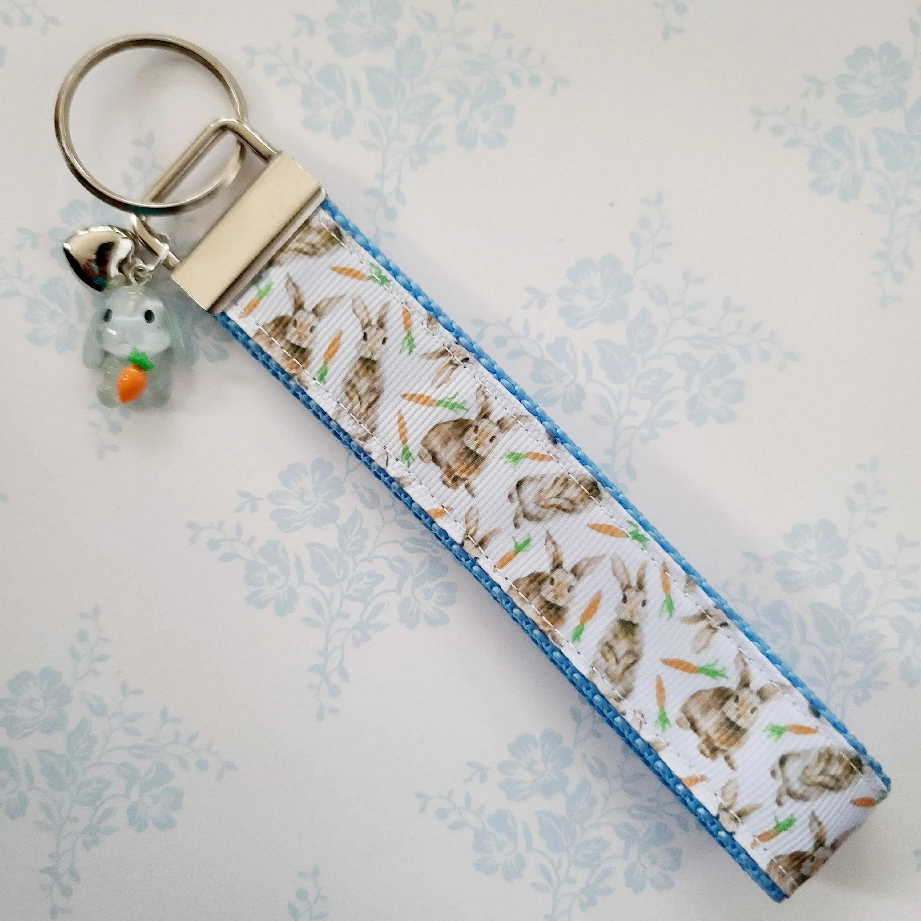 Bunnies with Carrots on White Key Fob Wristlet on Silver or Rainbow