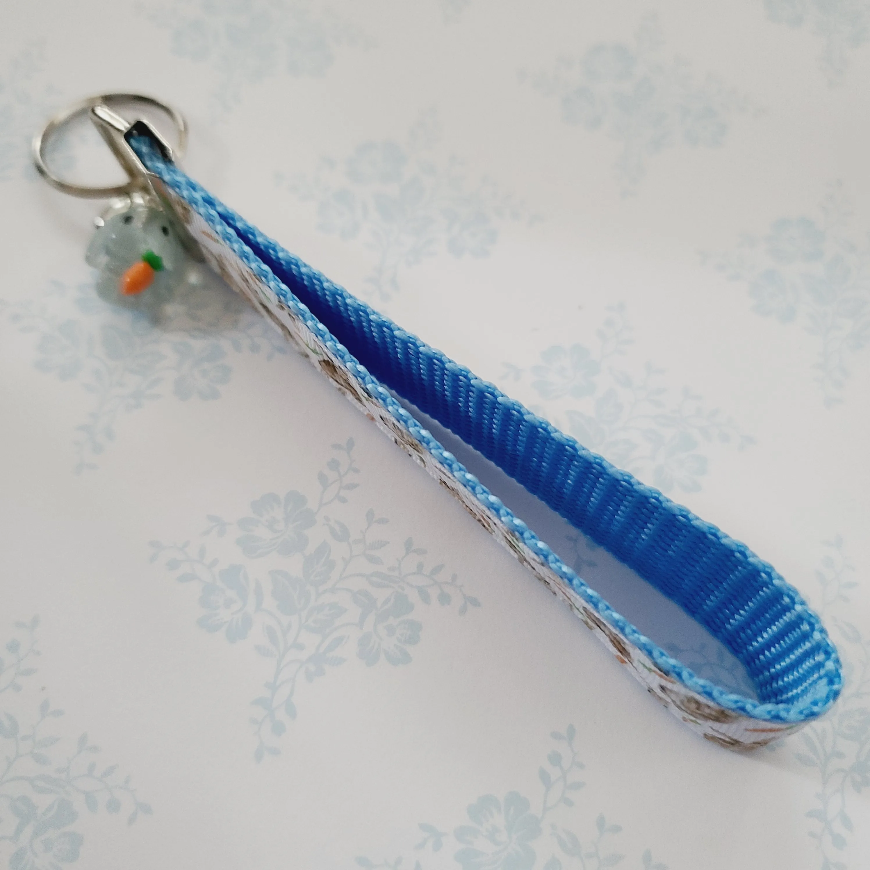 Bunnies with Carrots on White Key Fob Wristlet on Silver or Rainbow