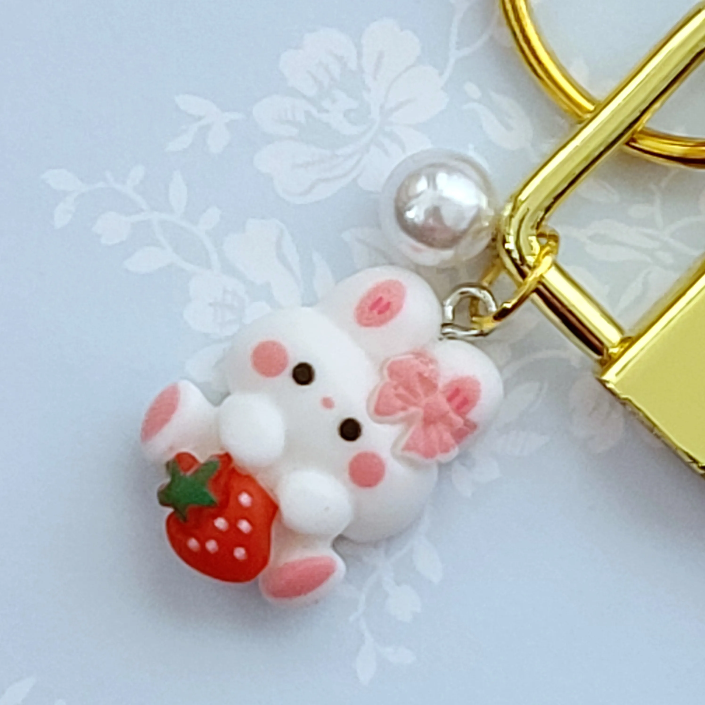 Bunnies with Glittery Faces Key Chain Fob with Yellow Gold Clasp and Cute Enameled Bunny Charm