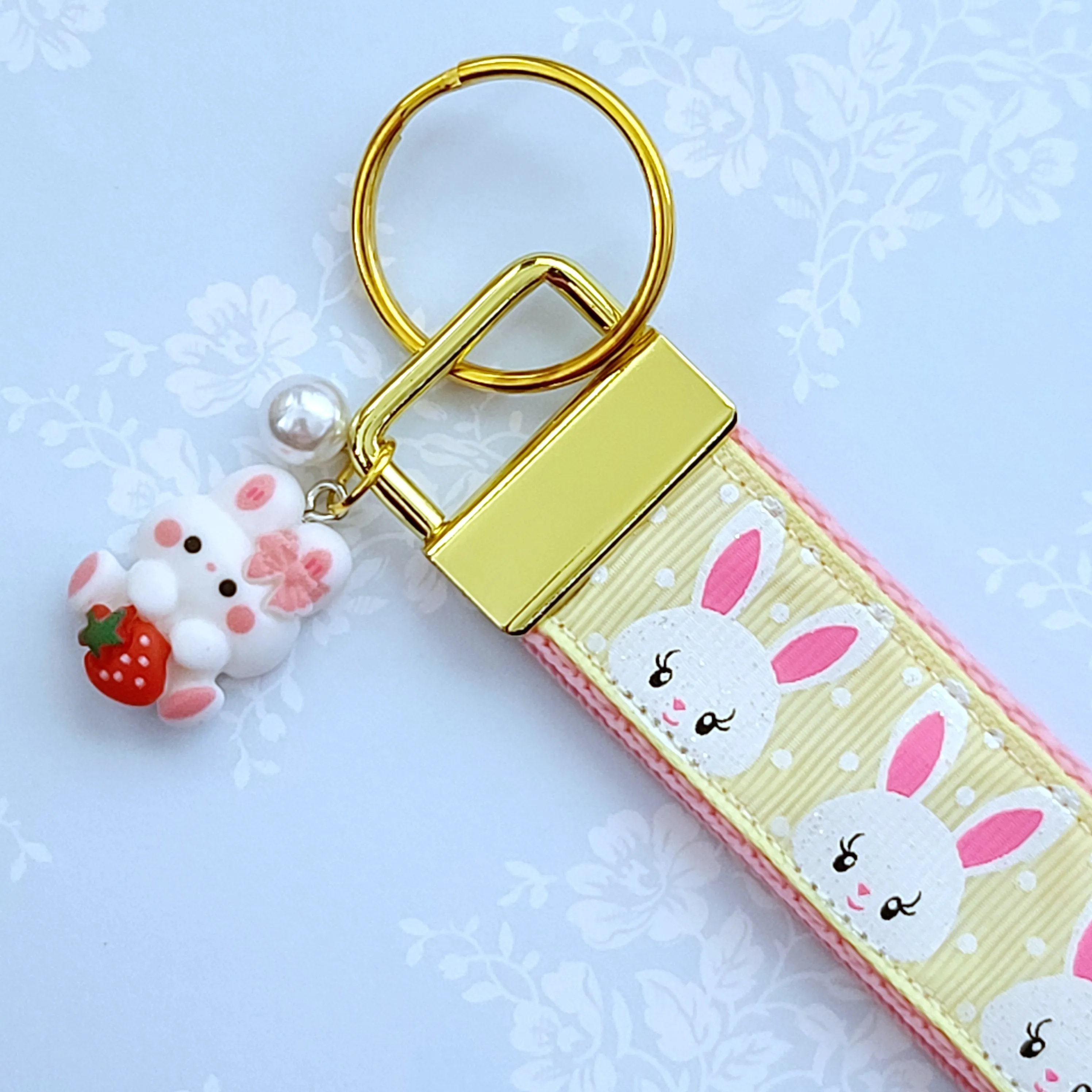 Bunnies with Glittery Faces Key Chain Fob with Yellow Gold Clasp and Cute Enameled Bunny Charm