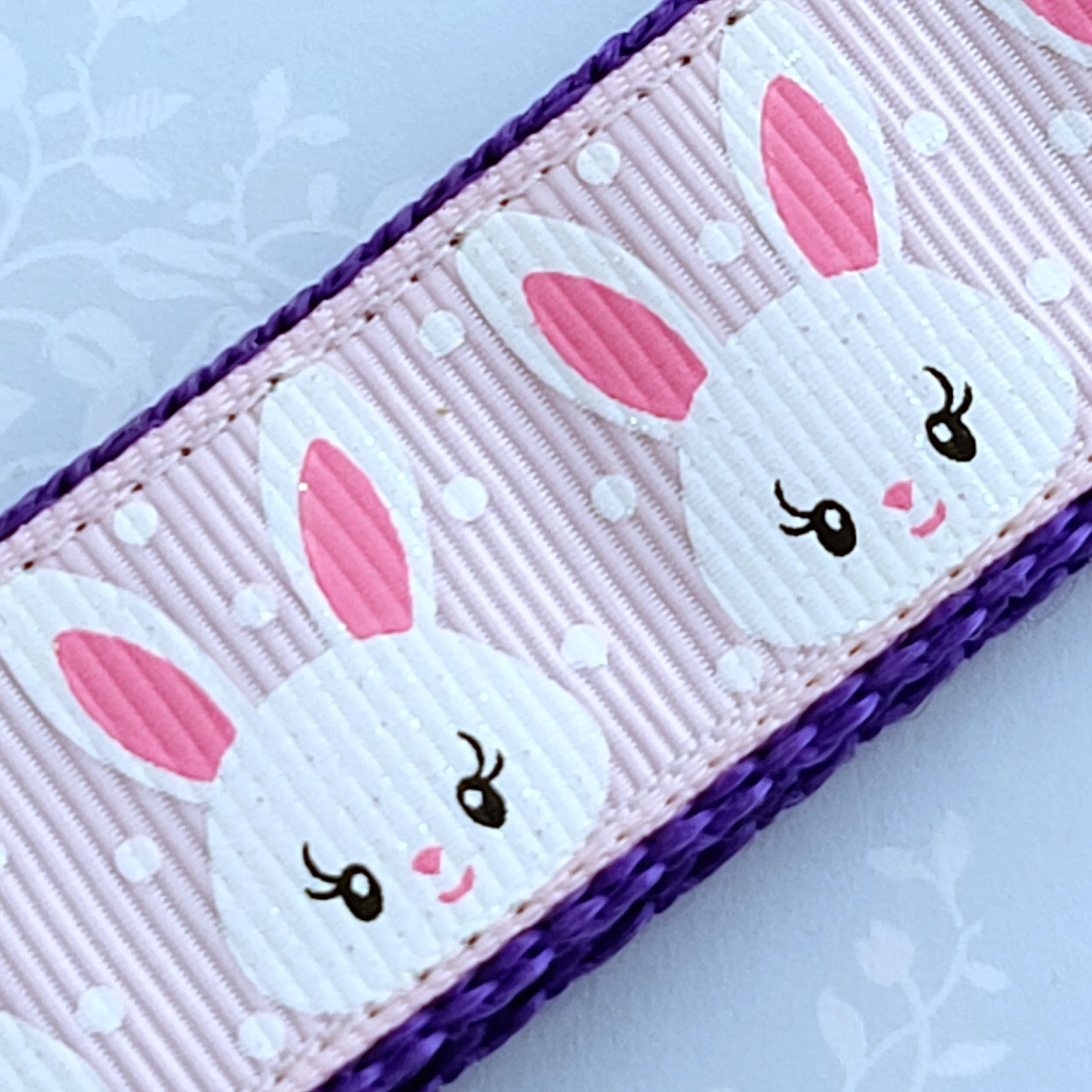 Bunnies with Glittery Faces Key Chain Fob with Yellow Gold Clasp and Cute Enameled Bunny Charm