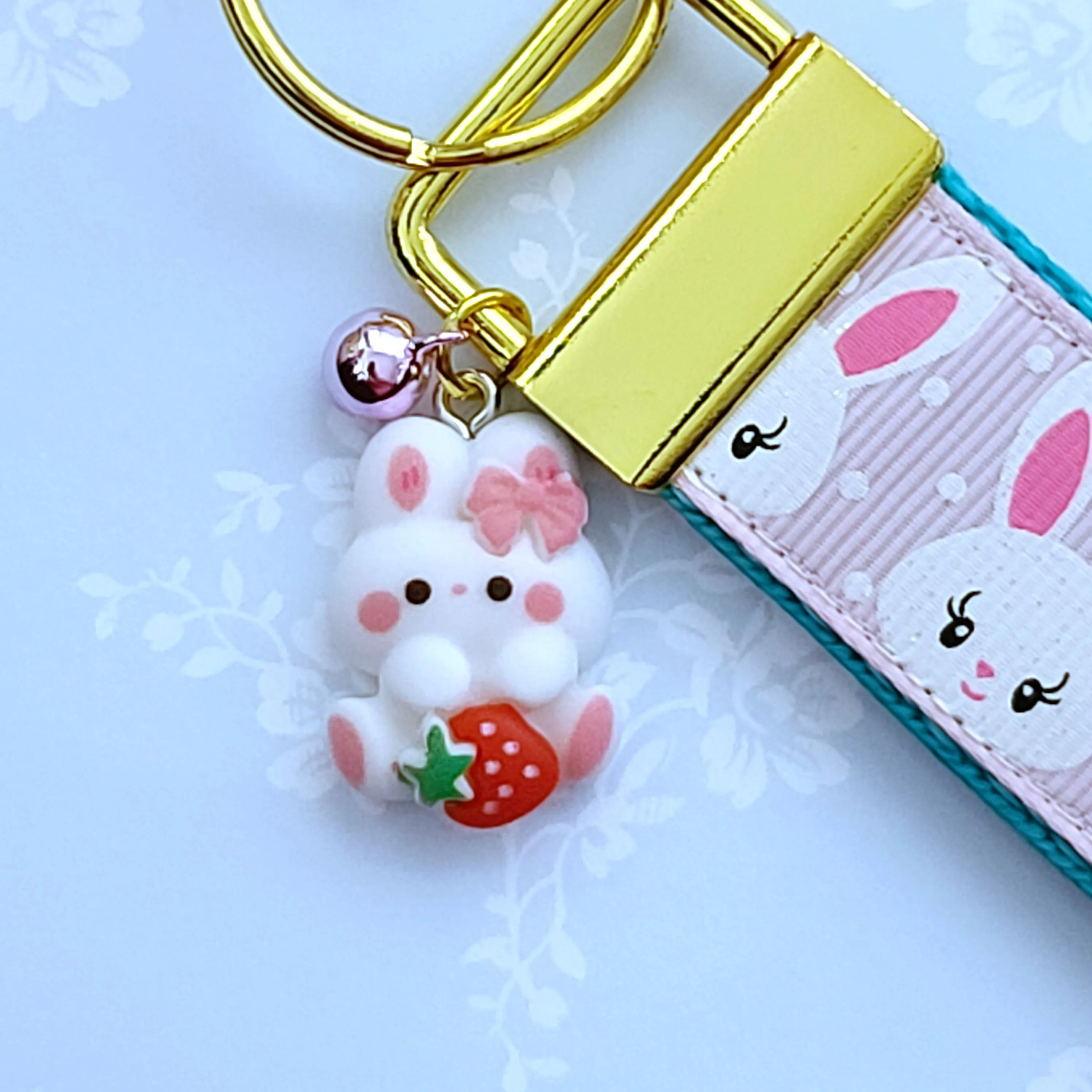 Bunnies with Glittery Faces Key Chain Fob with Yellow Gold Clasp and Cute Enameled Bunny Charm