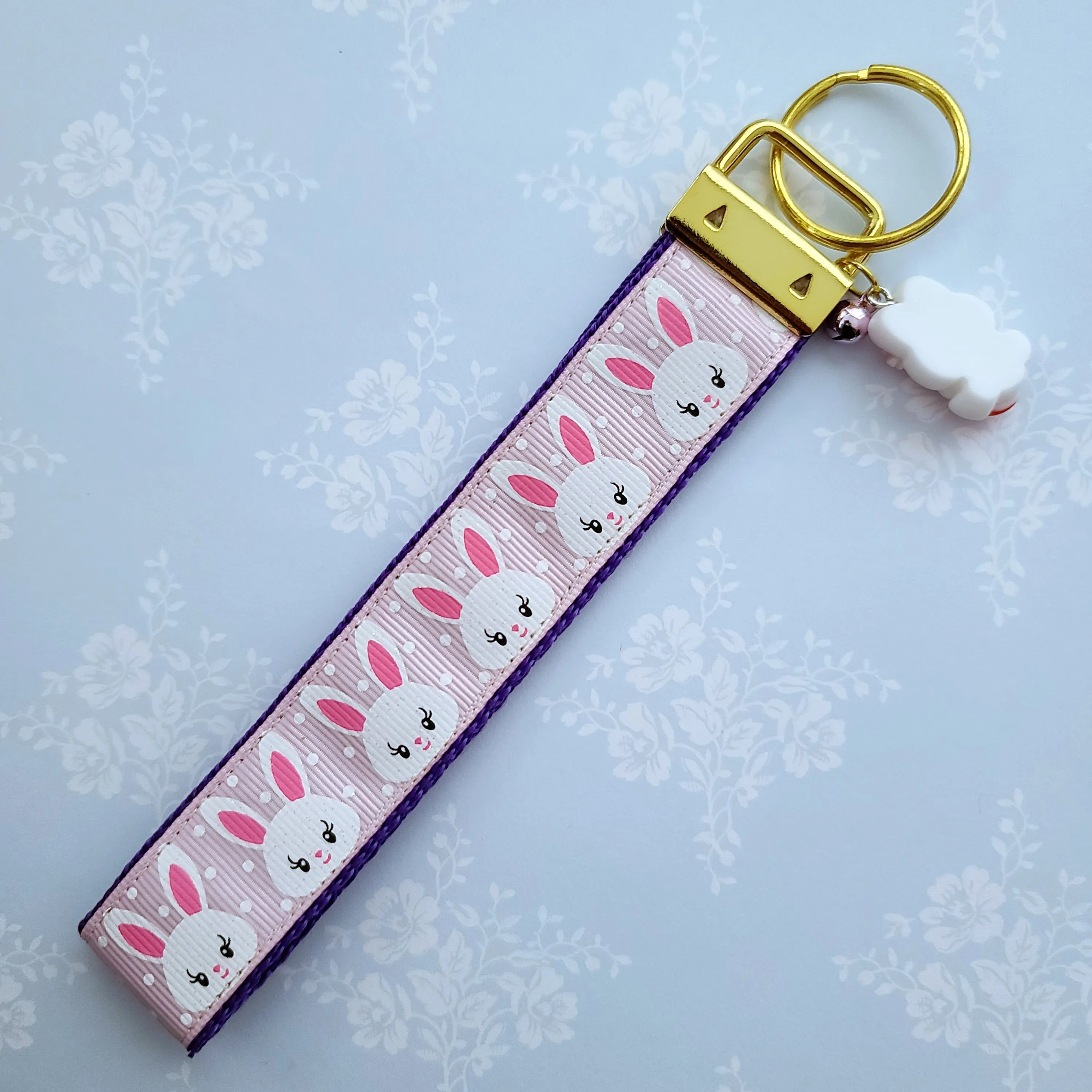 Bunnies with Glittery Faces Key Chain Fob with Yellow Gold Clasp and Cute Enameled Bunny Charm