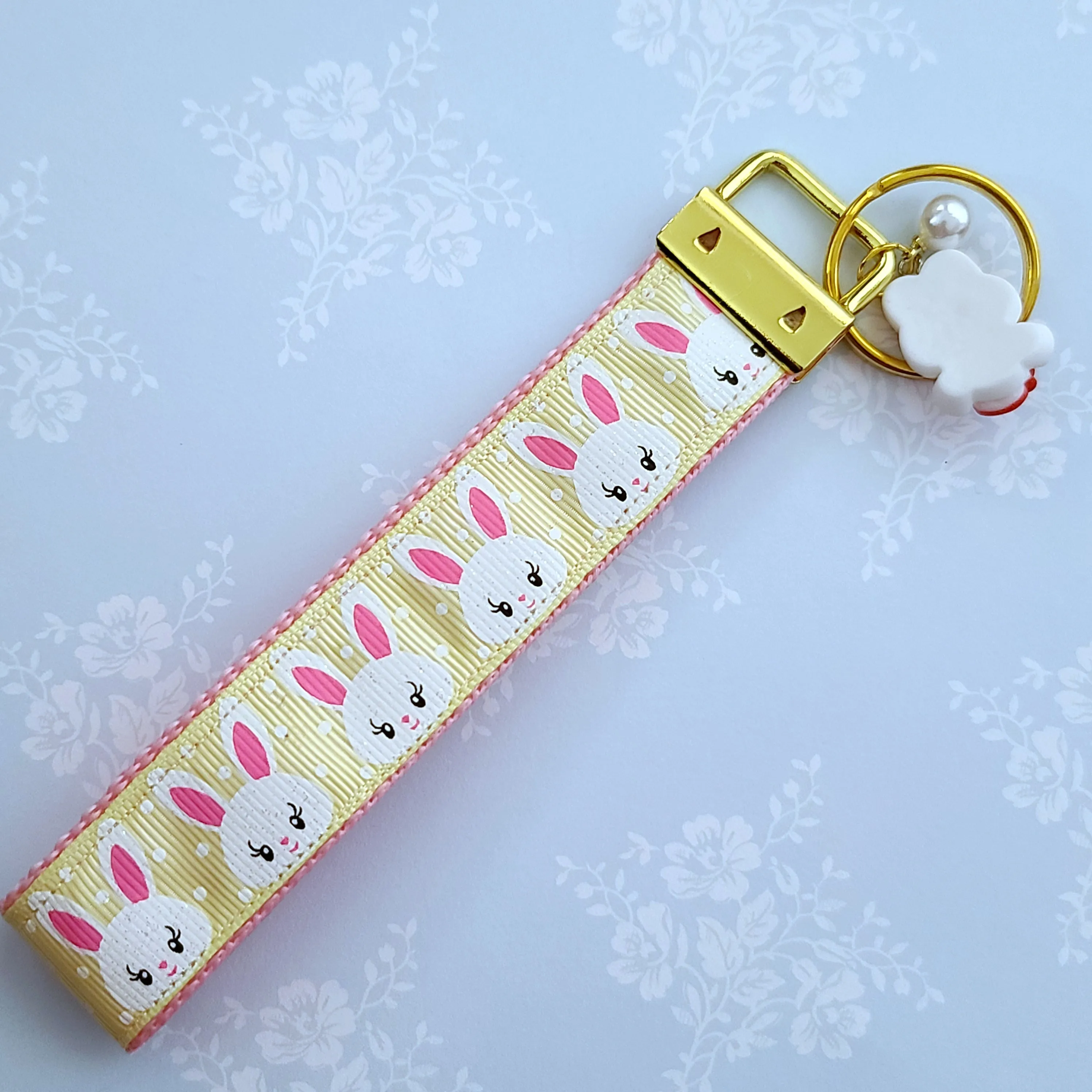 Bunnies with Glittery Faces Key Chain Fob with Yellow Gold Clasp and Cute Enameled Bunny Charm