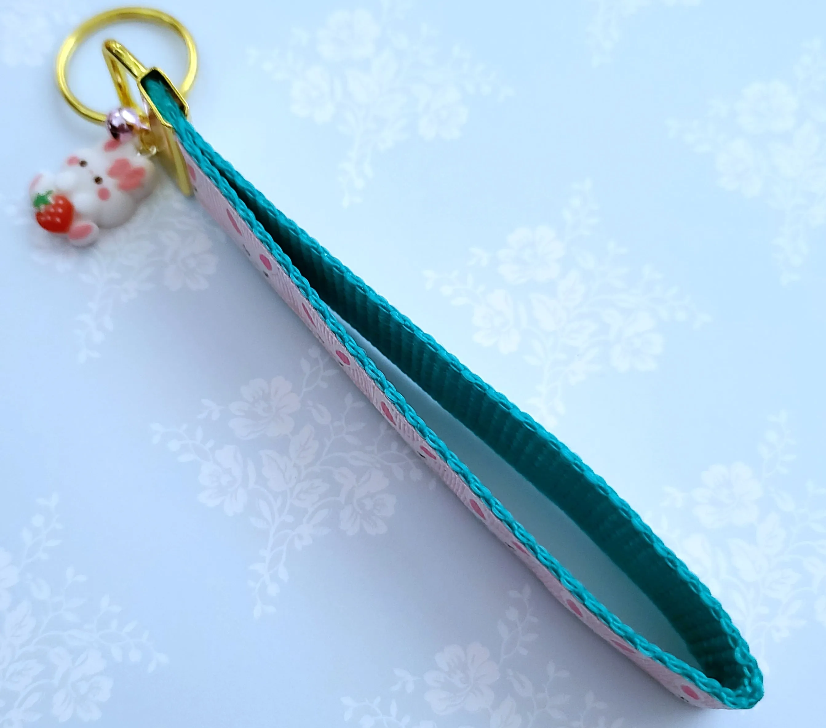 Bunnies with Glittery Faces Key Chain Fob with Yellow Gold Clasp and Cute Enameled Bunny Charm