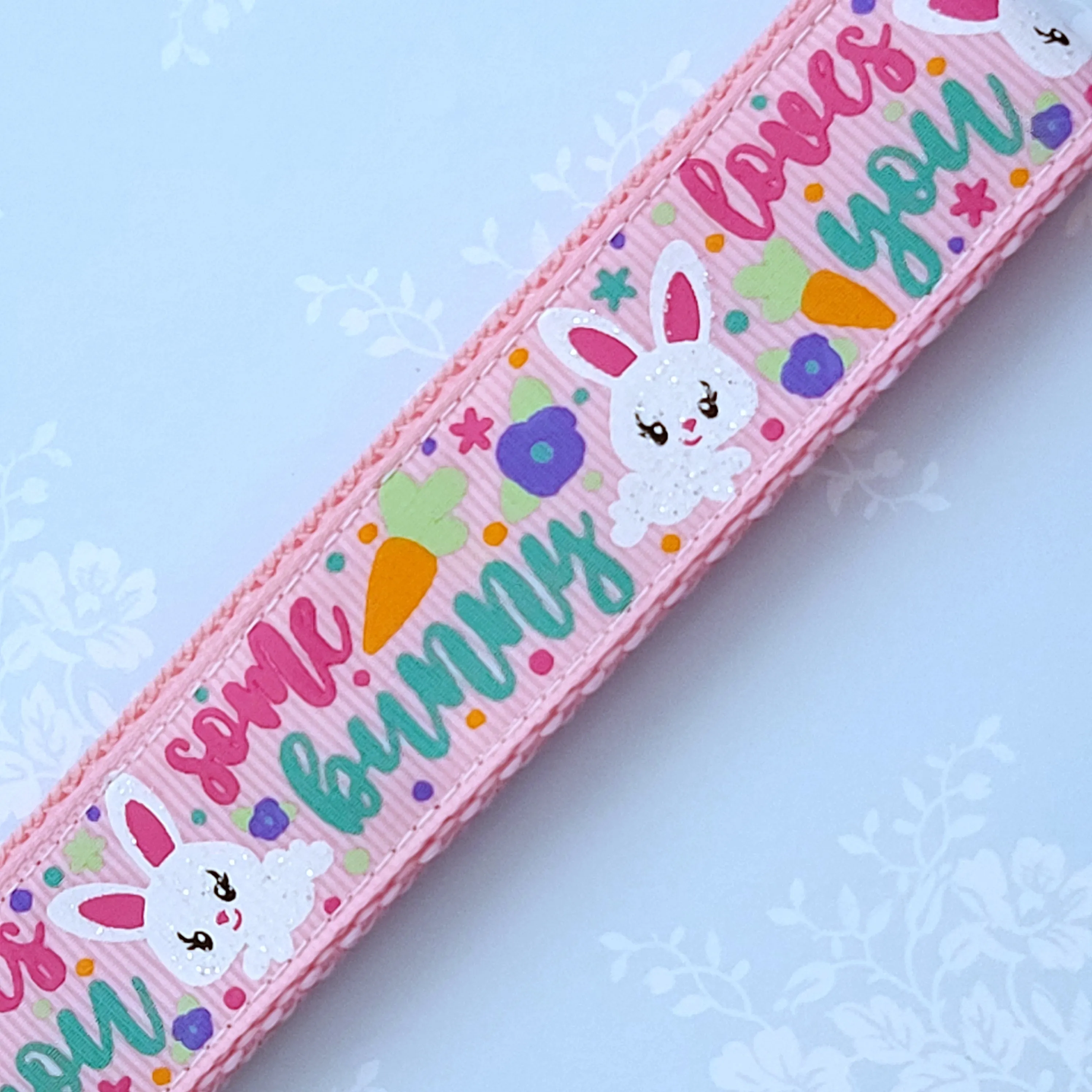 Bunnies with Glittery Faces Key Chain Fob with Yellow Gold Clasp and Cute Enameled Bunny Charm
